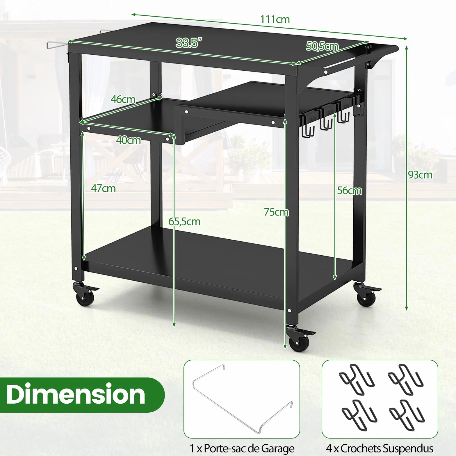 GOPLUS - Carro de barbacoa con 4 ruedas, postre exterior para barbacoa, plancha con 4 ganchos y estante, 111 x 50,5 x 93 cm, carga 50 kg, UI21160ELFR