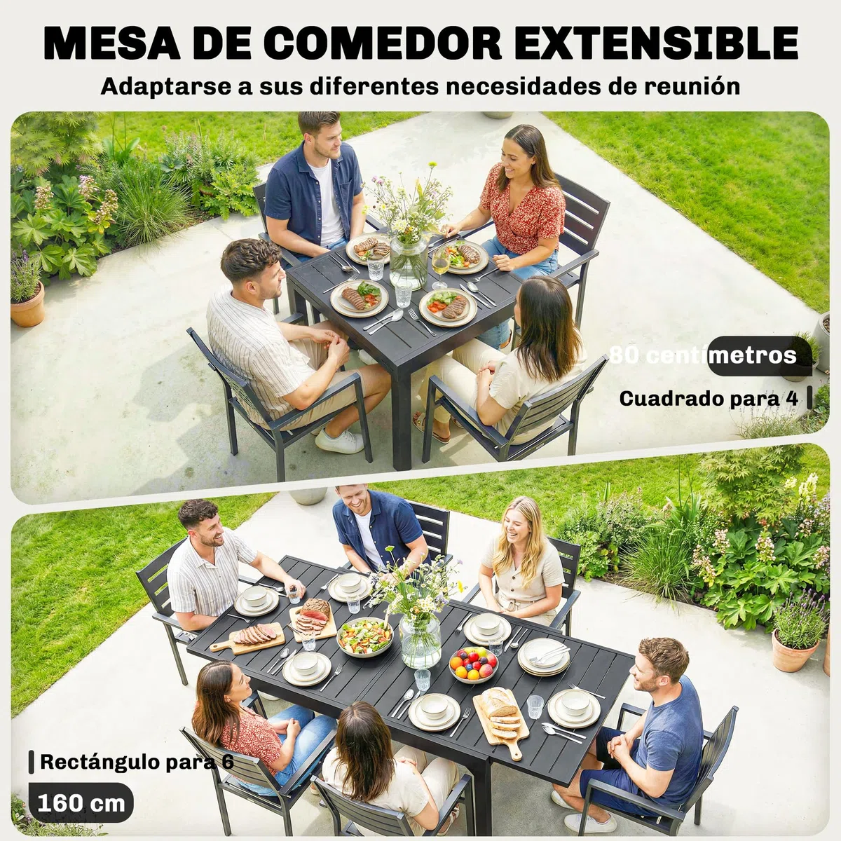 Outsunny Mesa de Jardín Extensible, Mesa de Comedor Exterior Extensible 80/160x80 cm, de Aluminio, con Superficie de Lamas, Carga 70 kg, Mesita Rectangular para 4-6 Personas, para Patio Terraza, Negro