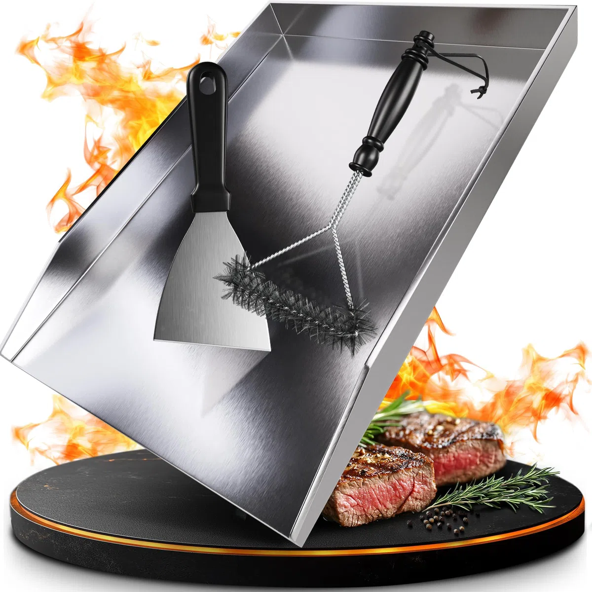 Plancha – Plancha Placa de Acero Inoxidable Grueso & Acero Inoxidable – 30 x 20 cm – Adecuado para barbacoa de gas y barbacoa de carbón + Plus: cepillo y espátula para barbacoa, GP-BBQ-300