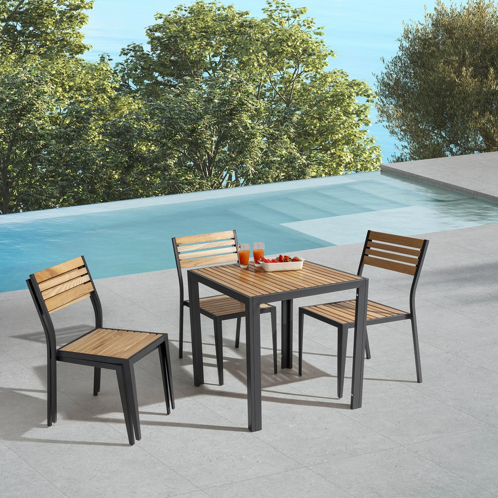 HOMN LIVING Mesa de Jardín Coral Cuadrada de Madera y Metal Negro, 70x70x72 cm
