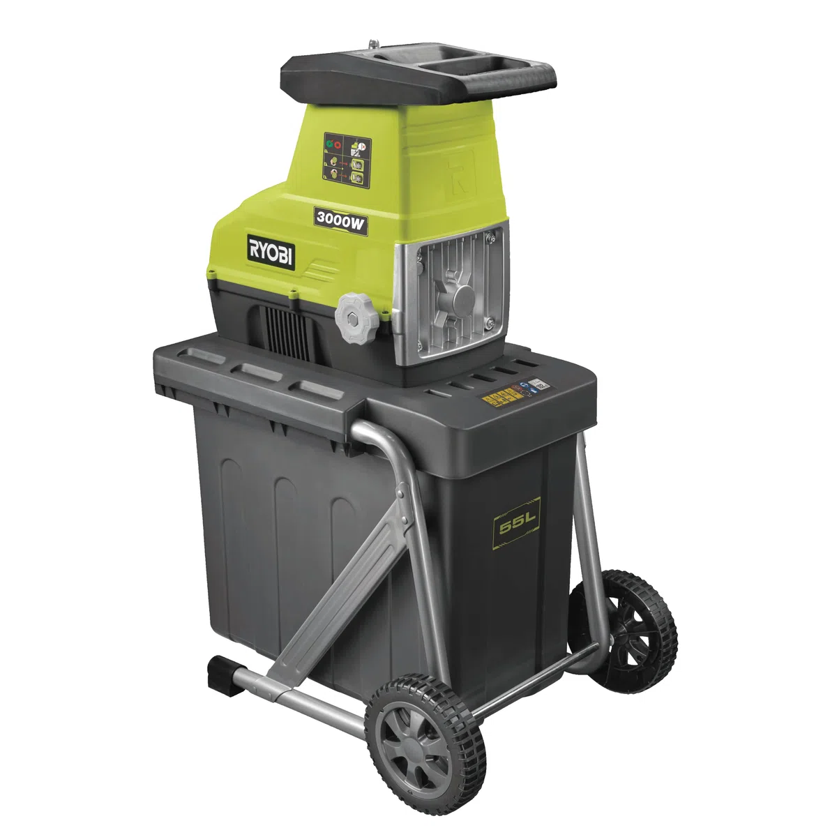 RYOBI - Biotrituradora 220V, 3000W con Ruedas - Ø máx. de Rama 45mm, Inversión de Rotación, Protección Sobrecarga, Bandeja Colectora 200kg/h - Bandeja Recogedora 55L, Pulsador - RSH3045U