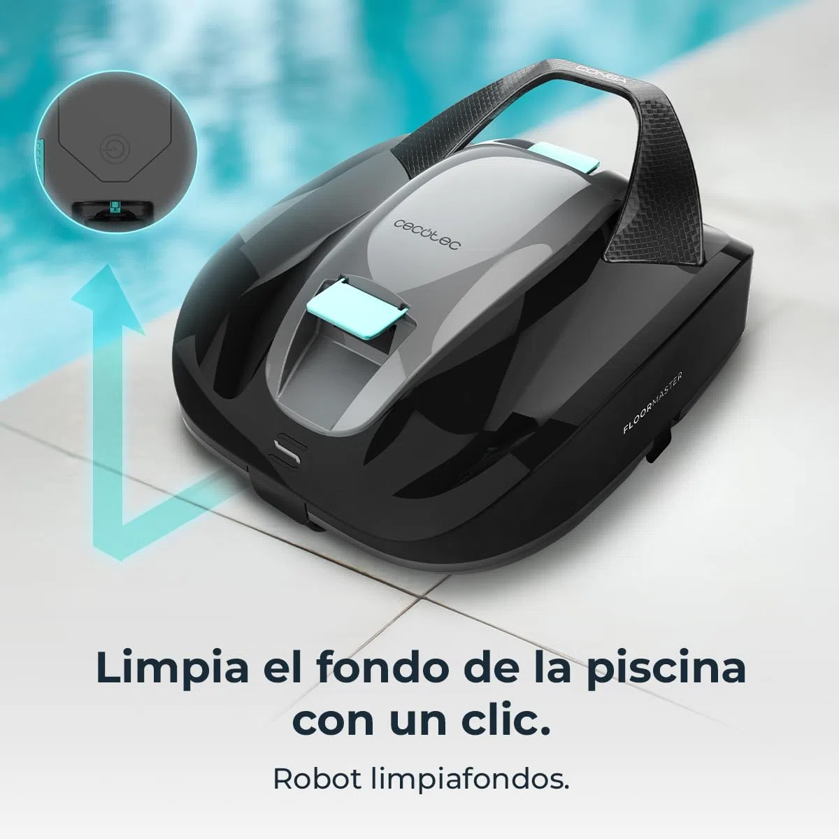 Cecotec Robot Limpiafondos sin Cable para Piscinas sin Pendientes Conga Pooldroid 2000 FloorMaster M. Superficies 80m2, Profundidad Máxima 2,5m, Autonomía 100mins, Filtro Alta Eficiencia 100μm, 2,5L