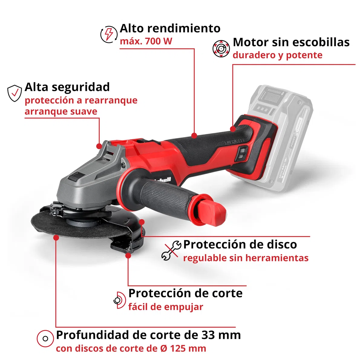Einhell Professional Amoladora angular con batería AXXIO 18/125 Power X-Change (18 V, 700W, Ø de disco de 125mm, 33 mm de profundidad de corte, sin escobillas, sin disco de corte, sin batería)