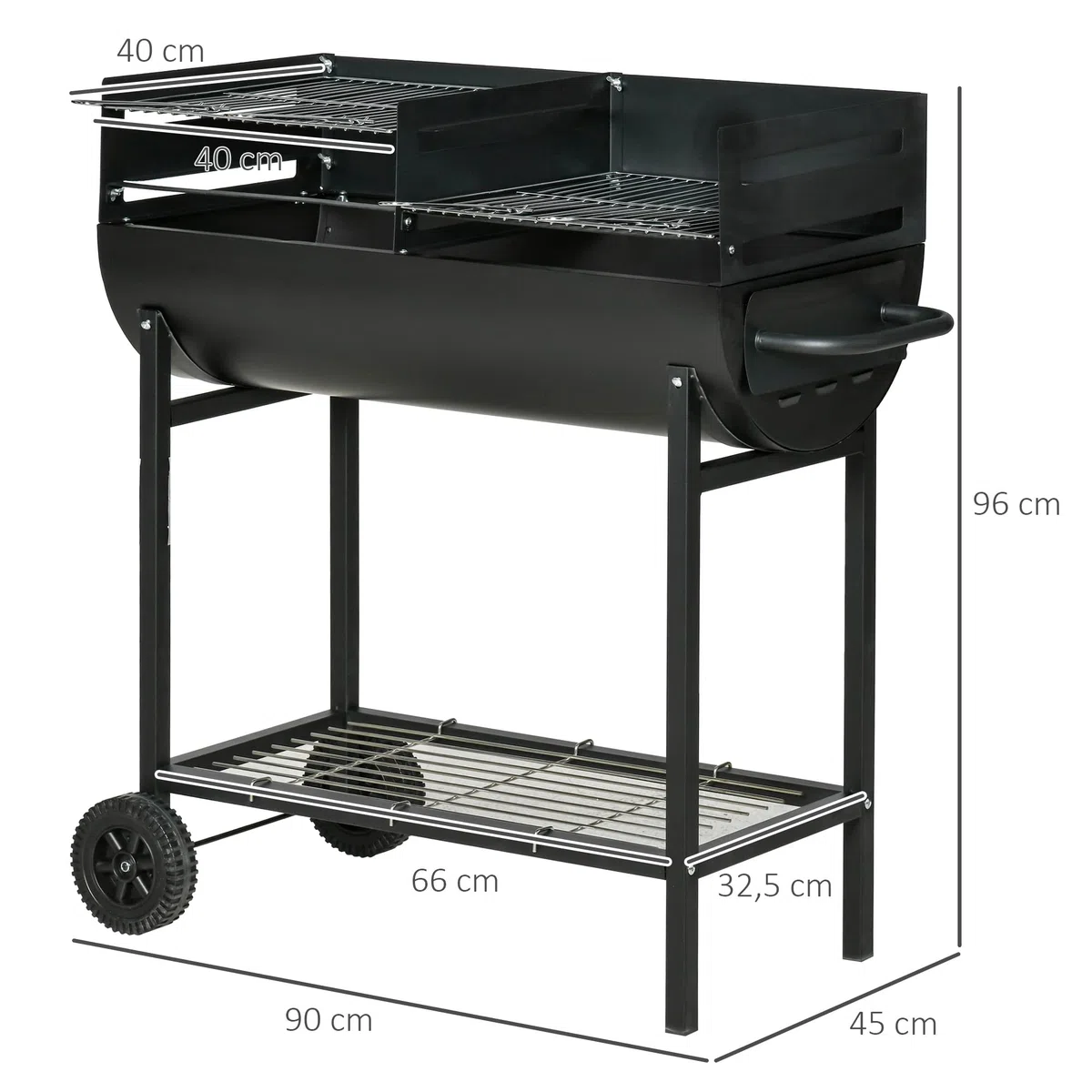 Outsunny Barbacoa de Carbón con Parrilla Ajustable en Altura para Exterior Barbacoa Portátil con Estante de Almacenaje y Ruedas 90x45x96 cm Negro
