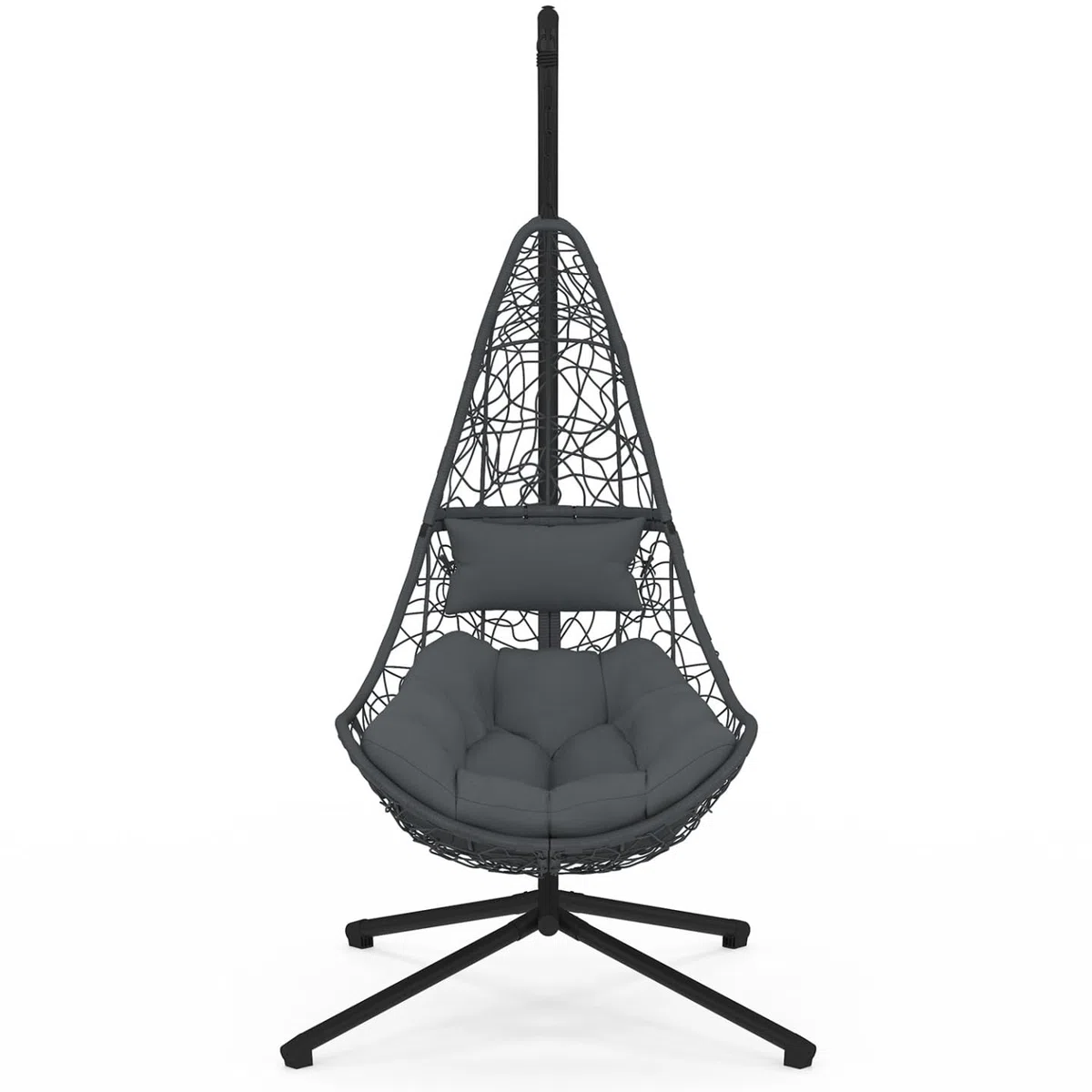 IDMarket - Silla colgante de media luna efecto ratán calado gris con cojín gris