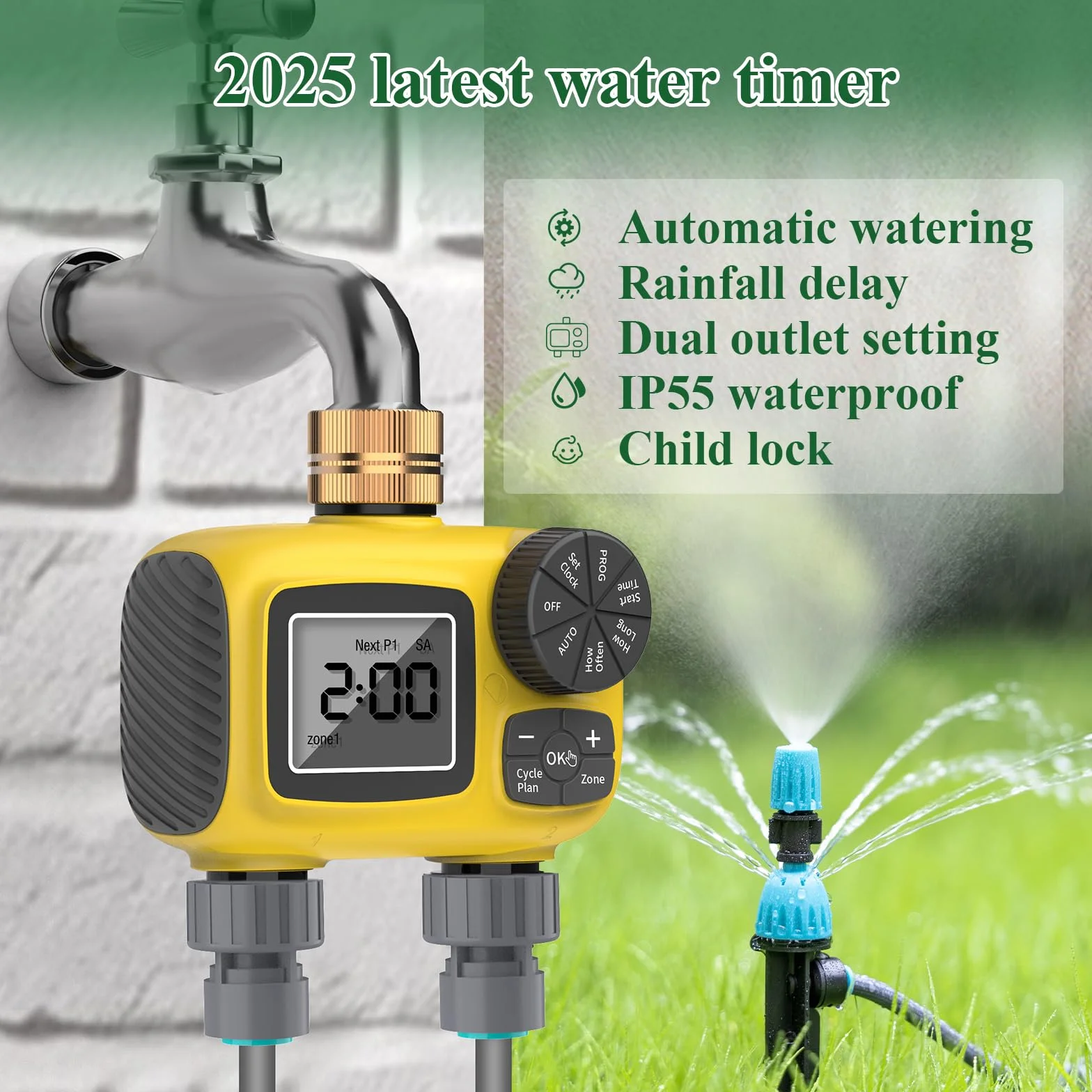 Kit de Sistema de Riego por Goteo con Temporizador Automático de Agua de 2 Zonas con Pantalla LCD,Temporizador de Riego con Nuevo Conector Rápido Antifugas para Jardín,Césped