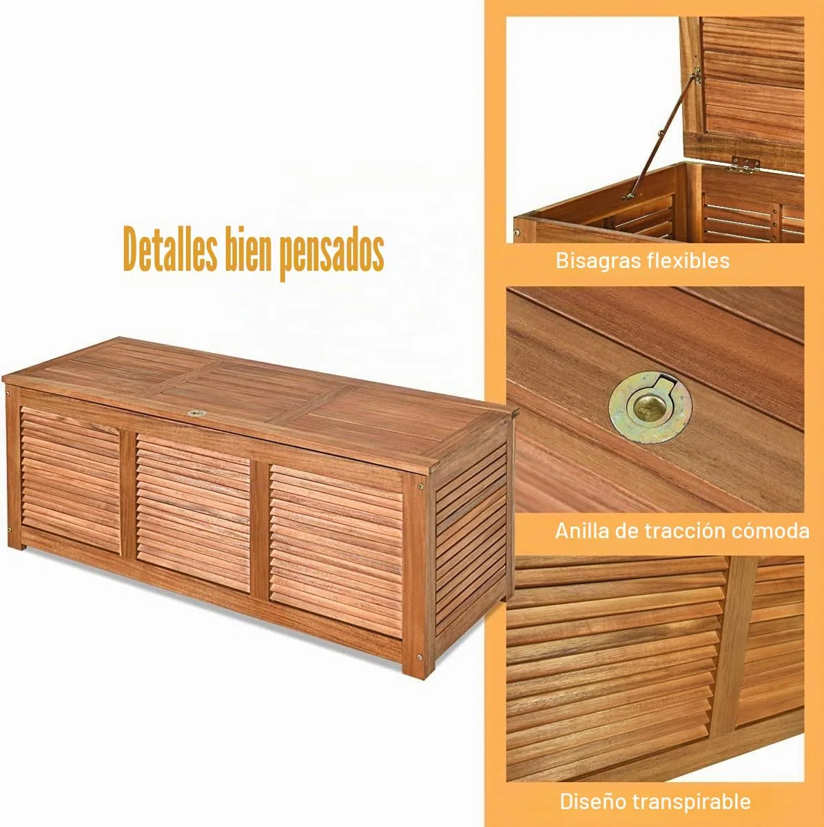 FANTASK Caja de jardín de madera de acacia, 179 L, caja de almacenamiento, caja de cojines, color natural