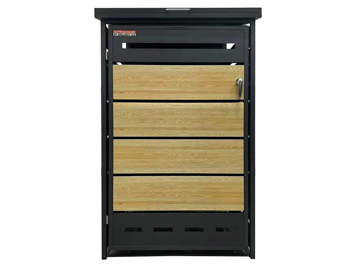 Cobertizo para Cubo de Basura D04GW1, Armario Metálico Exterior para Contenedores de 60L 120L y 240L, Cubierta Moderna con Ventilación y Apertura Superior, Antracita/Marrón, 130,5 x 77,5 x 73 cm