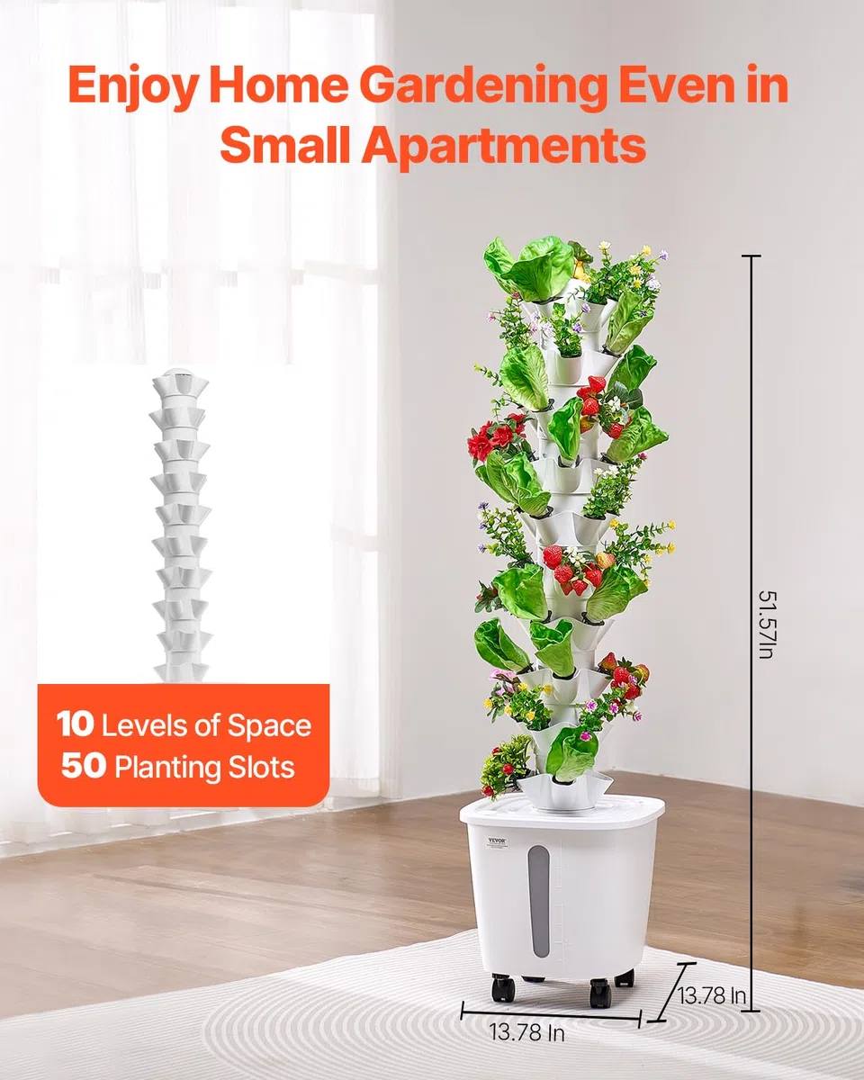 VEVOR Sistema de Cultivo Hidropónico, Torre Hidropónica Vertical de 10 Niveles con 50 Cápsulas, Bomba de Agua y Ruedas, Kit de Germinación de Plantas de Interior para Hierbas, Frutas y Verduras