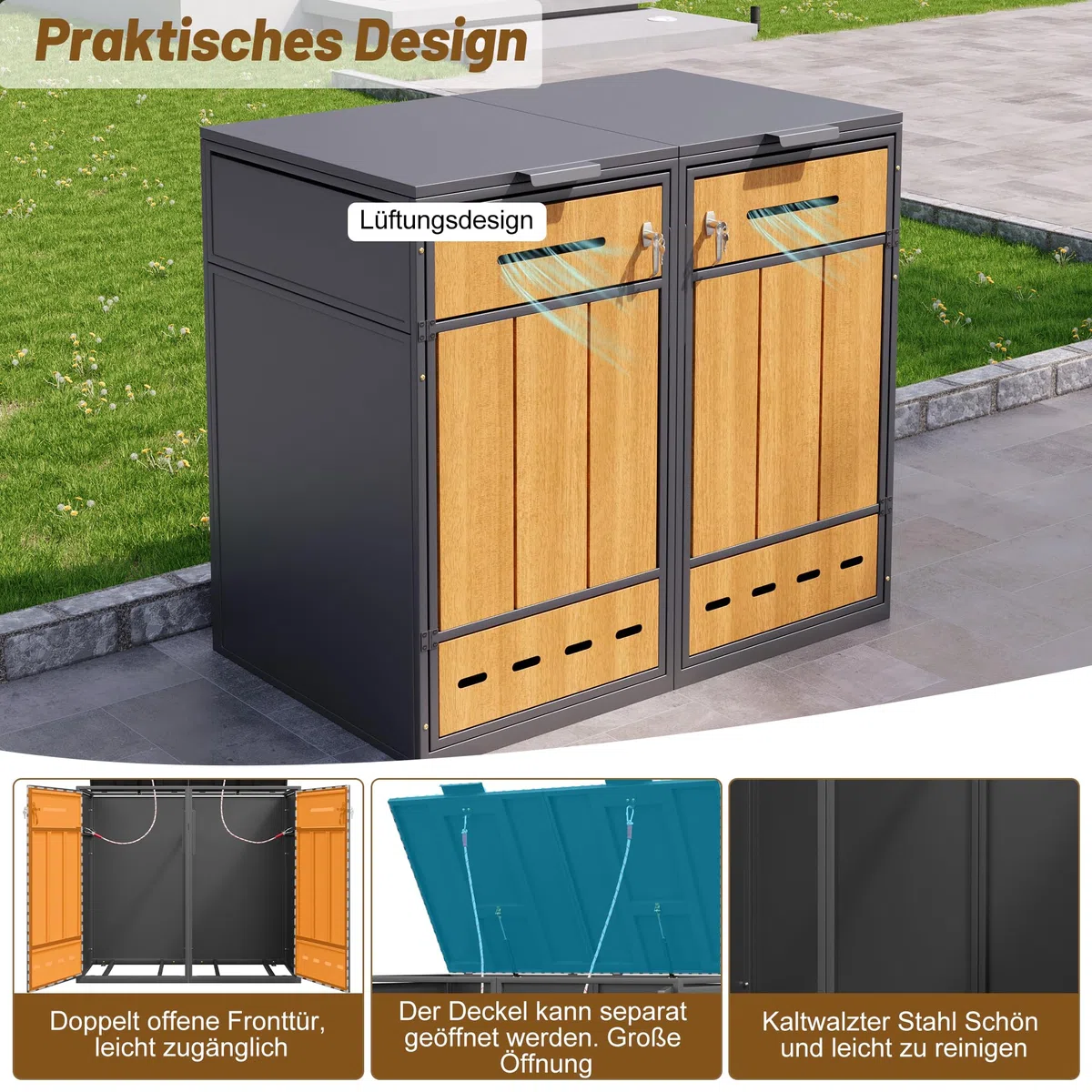 Caja para contenedores de basura, puede contener dos contenedores de basura (120-240 litros), con orificios de ventilación, compartimentos de almacenamiento de basura, con cerradura, dos puertas (1)