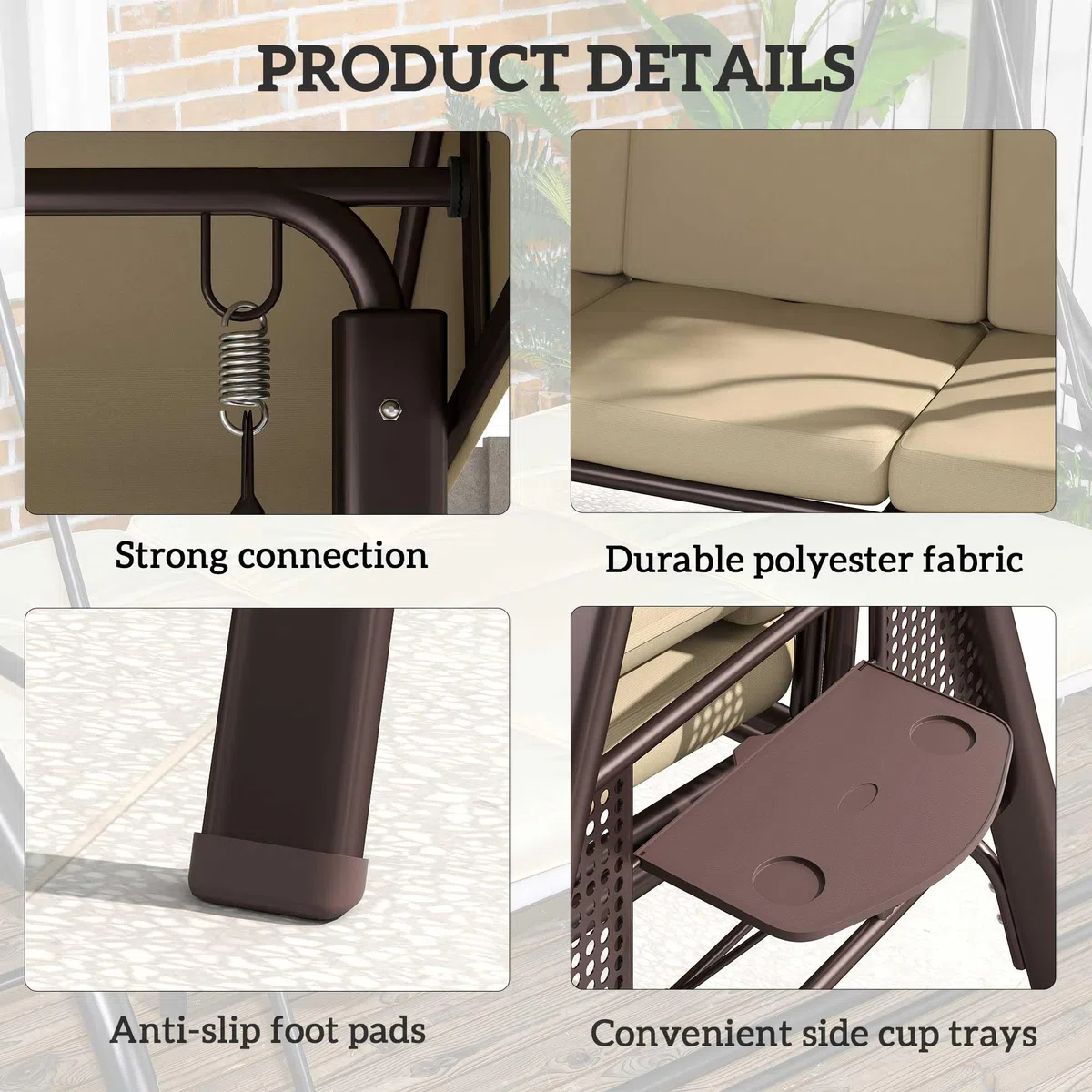 Outsunny Columpio de jardín de 3 plazas, con toldo, cojín de metal y poliéster, gris, 116 x 206 x 183 cm