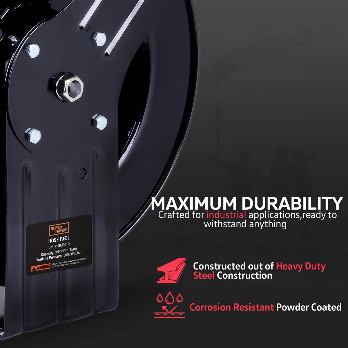SuperHandy Carrete de Manguera Aire Comprimido 3/8" x 15m de Largo Prima Comercial Flex Híbrido Polímero Manguera Accionado por Resorte de Acero Resistentes