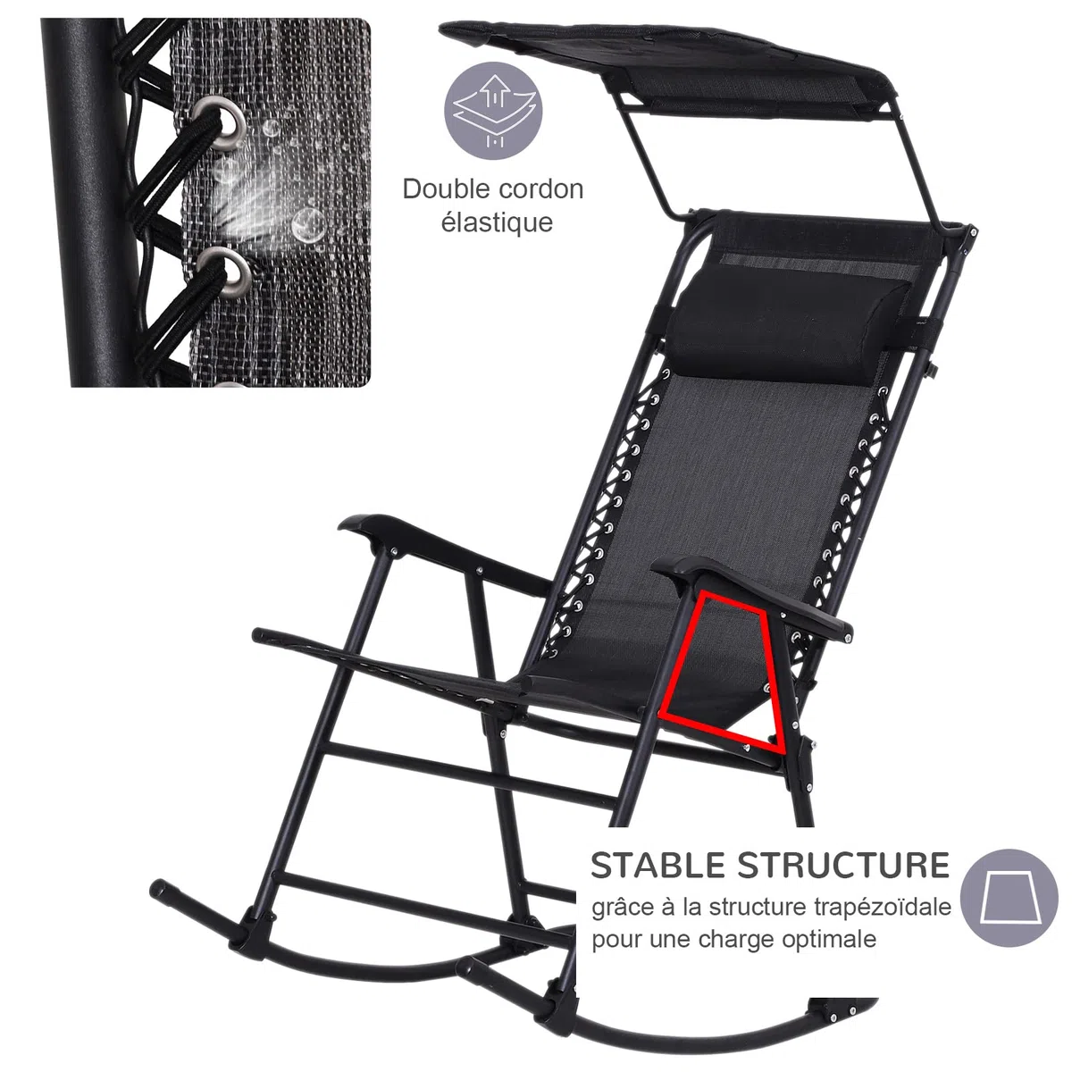 Outsunny Rocking Chair Plegable de Jardín Dim. 105 x 64 x 125 cm tetera + parasol incluido acero epoxi textileno negro