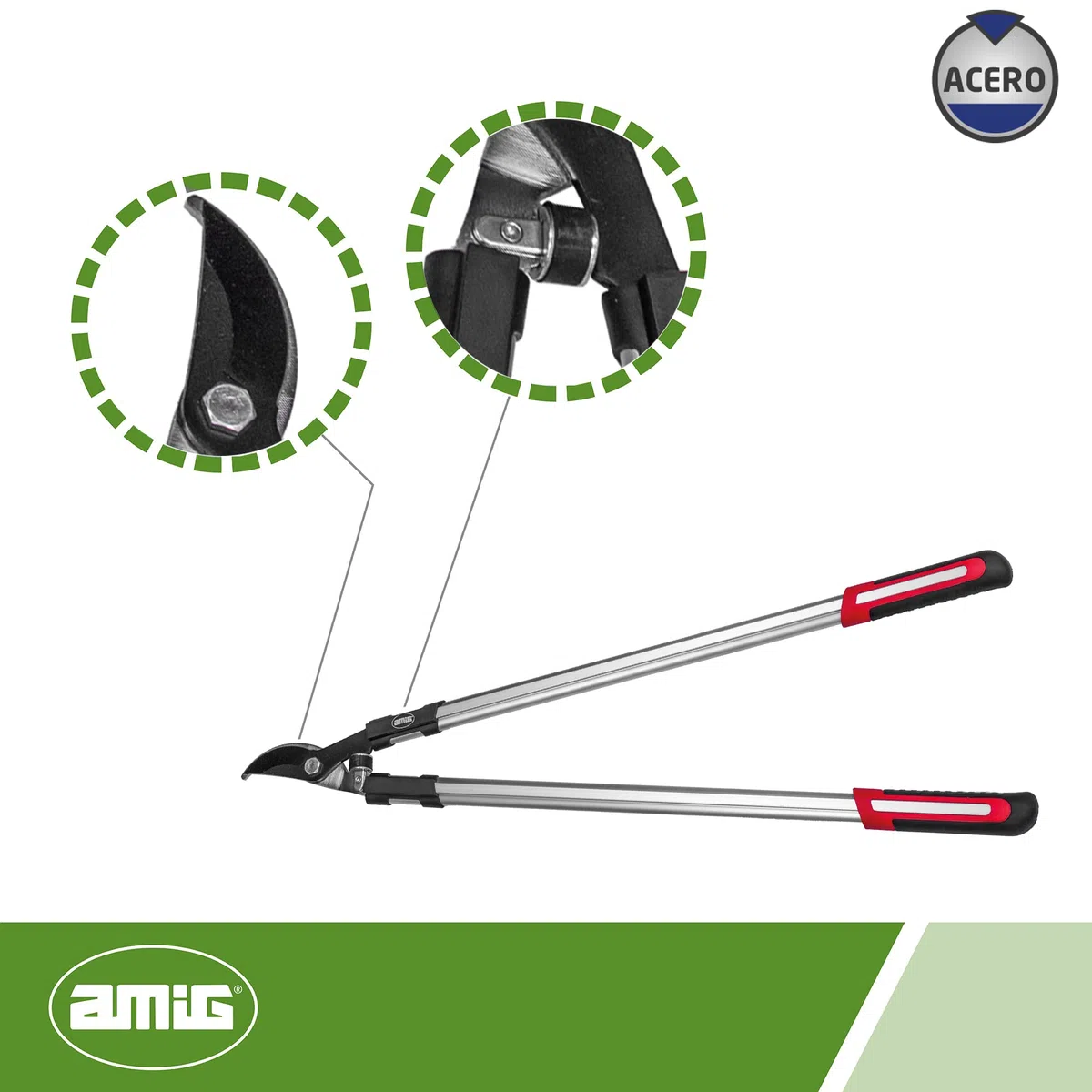Amig - Tijera de Poda a Dos Manos - Mango de Aluminio y Hoja recubierta de Teflón - 80 cm - Corte Bypass - Capacidad de corte 38 mm - Para Ramas Verdes y Húmedas de Árboles y Arbustos