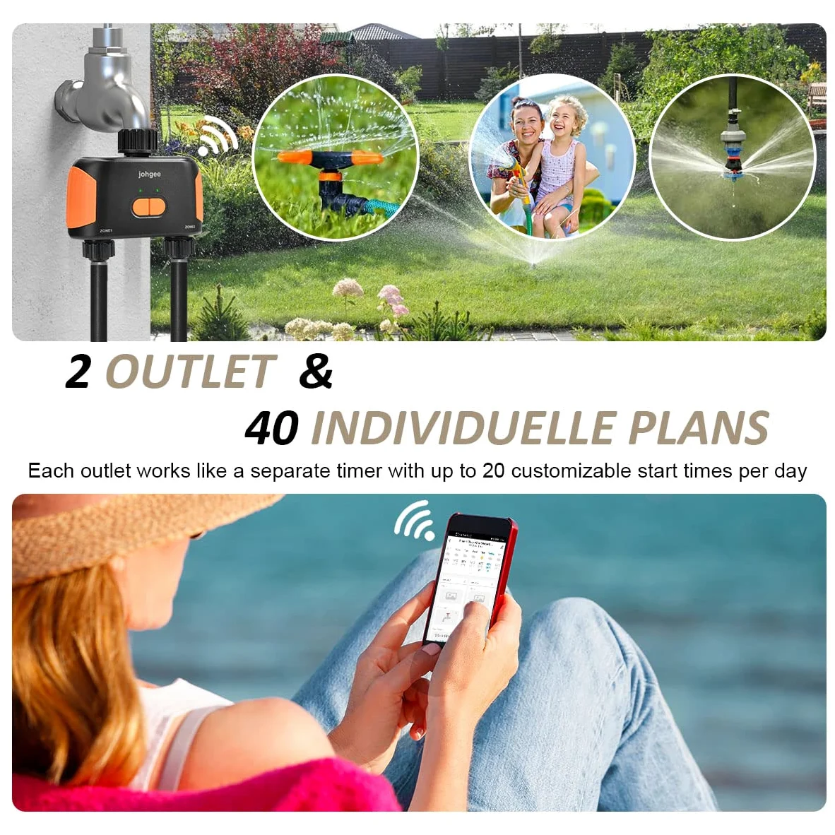 Programador Riego WiFi,Johgee Programador de riego 2 Salidas,Temporizador de Riego para Manguera Bluetooth con Retraso de Lluvia para Grifo de Jardín al Aire Libre, Temporizador de Riego Programable