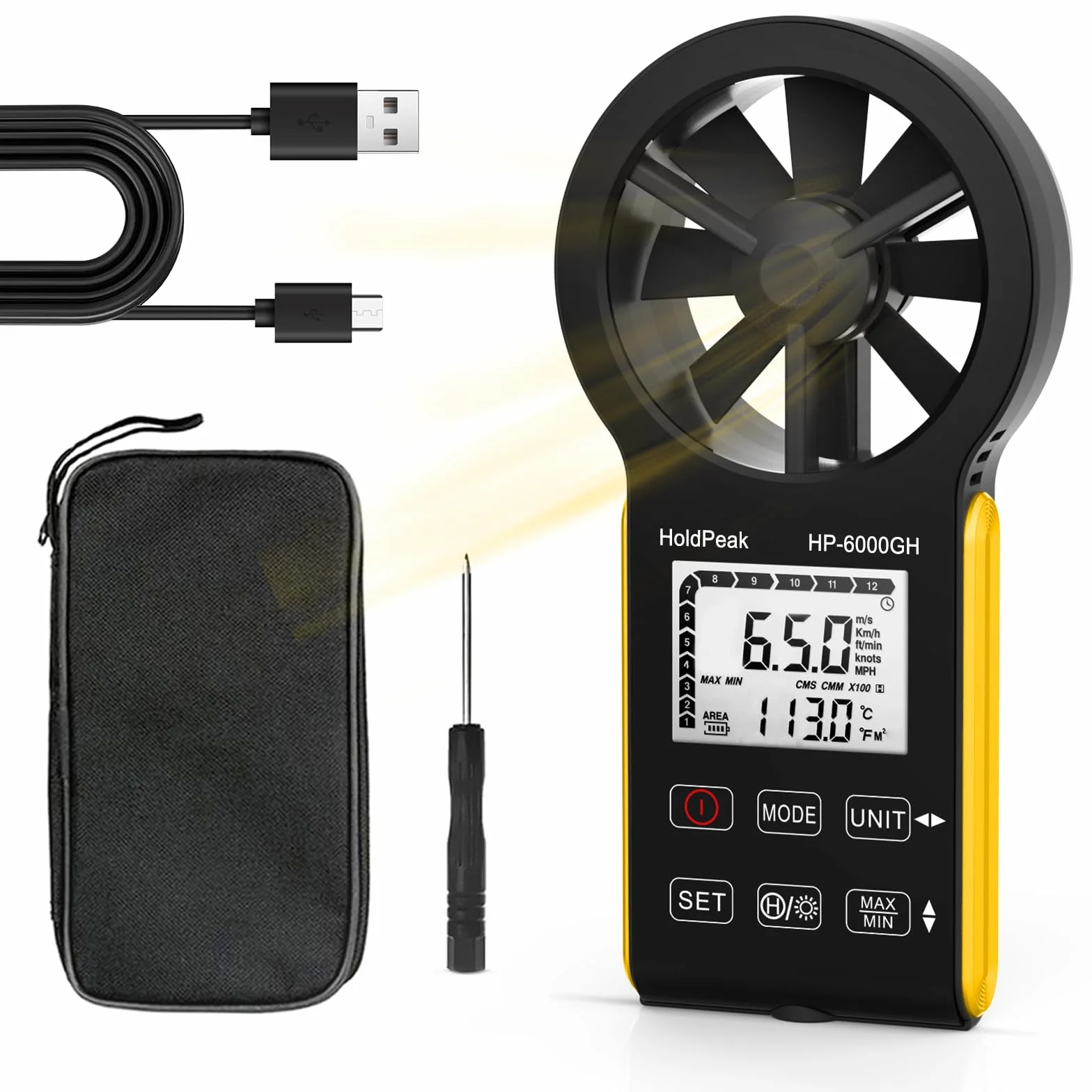 HOLDPEAK Anemómetro Digital VMC Medición de la Velocidad del Viento Temperatura USB C Pantalla LCD Retroiluminada Anemómetro Portátil Exterior Kitesurf