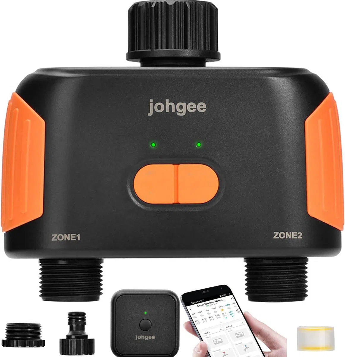 Programador Riego WiFi,Johgee Programador de riego 2 Salidas,Temporizador de Riego para Manguera Bluetooth con Retraso de Lluvia para Grifo de Jardín al Aire Libre, Temporizador de Riego Programable