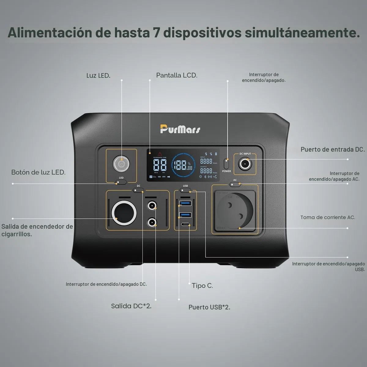 Estación de alimentación portátil, 300 W, máx. 500 W, 288 Wh, almacenamiento solar 230 V CA, USB-D60 W, linterna led, banco solar Lifepo4, para camping, viaje, casa, cortes de energía