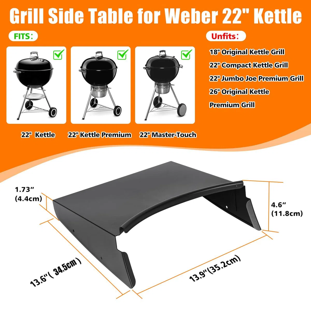 Grisun Estante de mesa para parrillas Weber Kettle de 22 pulgadas, estante de mesa lateral para Weber Master Touch, parrilla de carbón original, accesorios de parrilla de hervidor, estante de mesa de