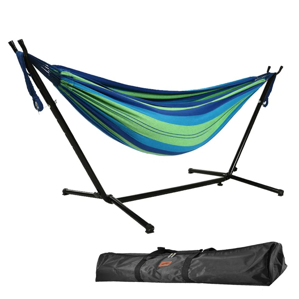 Goutime Hamaca Doble de 2,6 m con Soporte, 250kg de Capacidad, Incluye Bolsa de Transporte portátil,Adecuado para Patios Interiores, terrazas, Patios, Balcones (Azul-Verde)