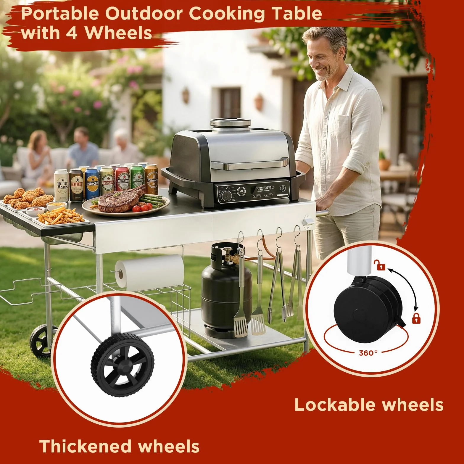 Denmay 128 x 66 x 78 cm carro de barbacoa para Weber Q Serie, Ninja Woodfire, horno de pizza, parrilla de mesa, horno para pizza, carrito de servir con gran superficie de trabajo, mesa de barbacoa al