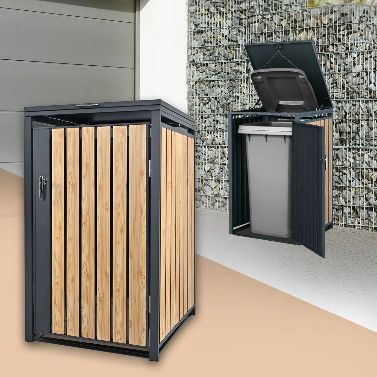 ML-Design Cobertizo para Ocultar Cubo de Basura 240L Antracita Aspecto Madera Alerce 68 x 80 x 116,3 cm Caseta de Acero para Jardín Exterior Contenedor Resistente Caja con Tapa Abatible y Cerradura