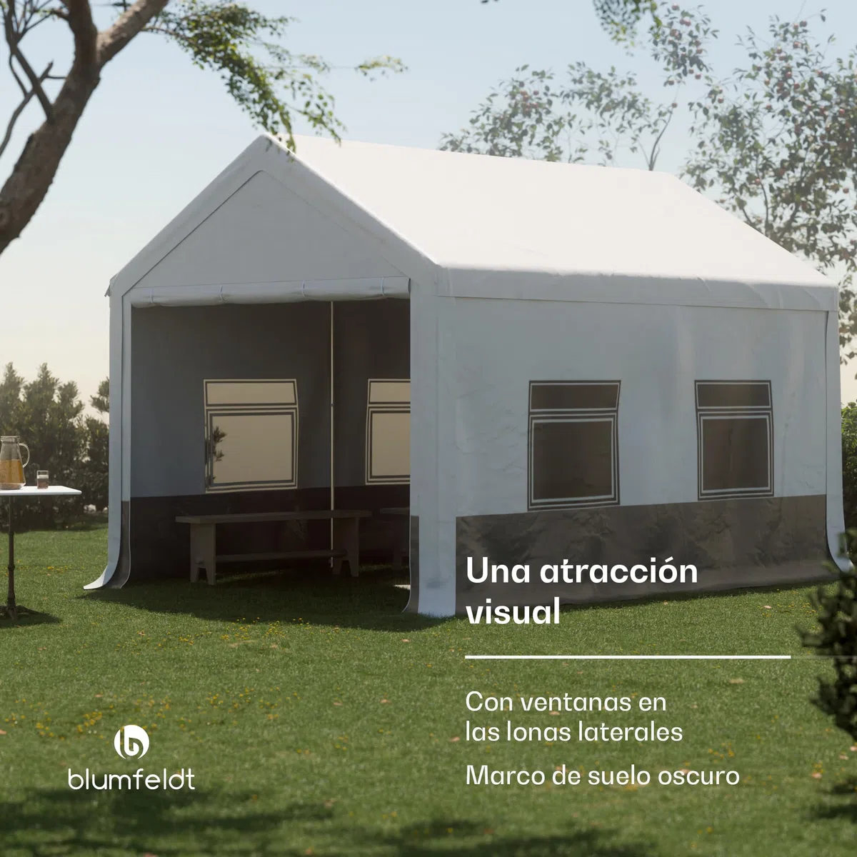 Blumfeldt Carpa - 4x3m, Carpas para Exteriores, Techo y Paredes de PE, Estructura de Acero, Fácil Montaje, Resistente al Viento y a la Intemperie, Ideal para Fiestas y Jardín