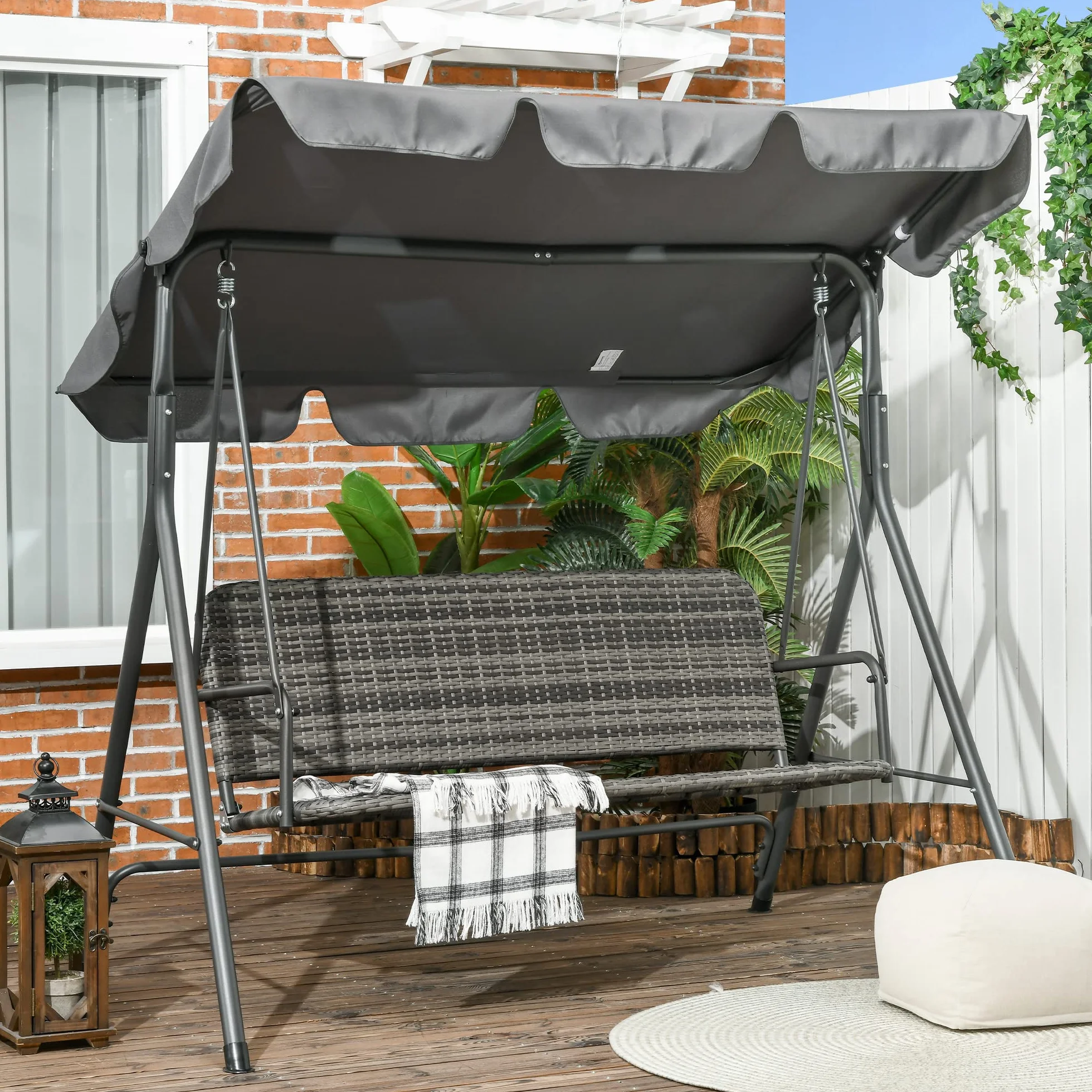 Outsunny Columpio de Jardín Exterior de 3 Plazas Balancín de Jardín Exterior con Toldo Ajustable Asiento de Ratán PE y Reposabrazos para Balcón Terraza Patio Carga 240 kg 167x112x153 cm Gris