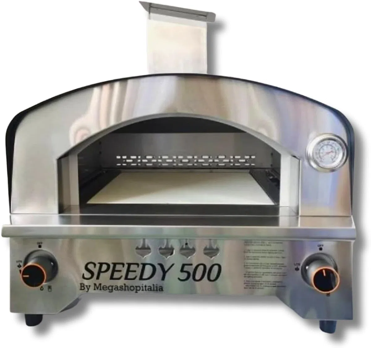 Horno de pizza de gas portátil de acero inoxidable con doble quemador para exteriores con piedra refractaria de 500 grados (horno Speedy500)