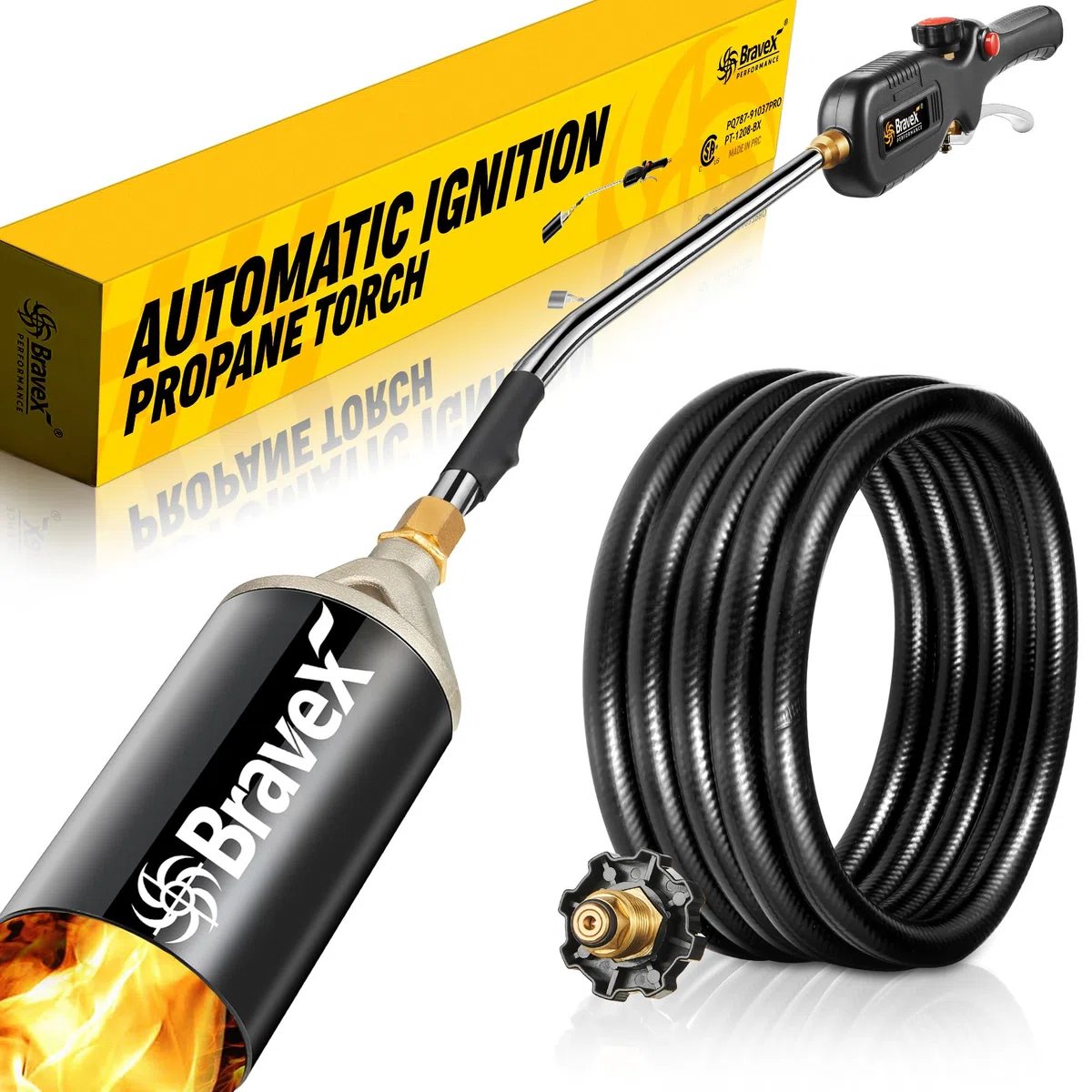 Quemador de malezas de propano, sistema de encendido automático (botón pulsado electrónico), kit de antorcha de propano con manguera de 10 pies de largo, se adapta a tanques de propano de 5 a 100