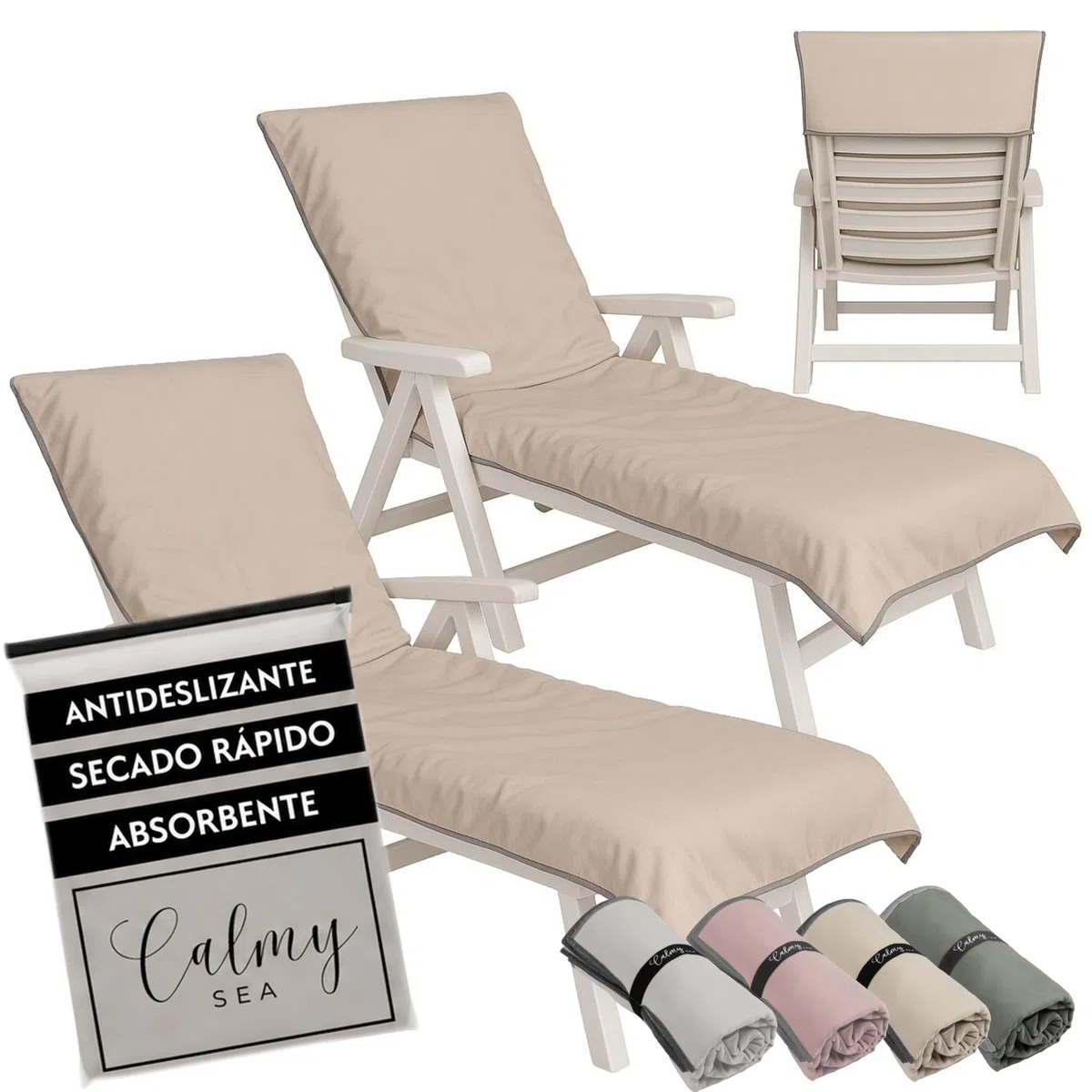 Lot de 2 toallas para tumbona - 200 x 75 cm - Con capucha - De microfibra - Peso ligero - Para tumbona de jardín - Con funda - Funda de tumbona de playa (beige, 2)