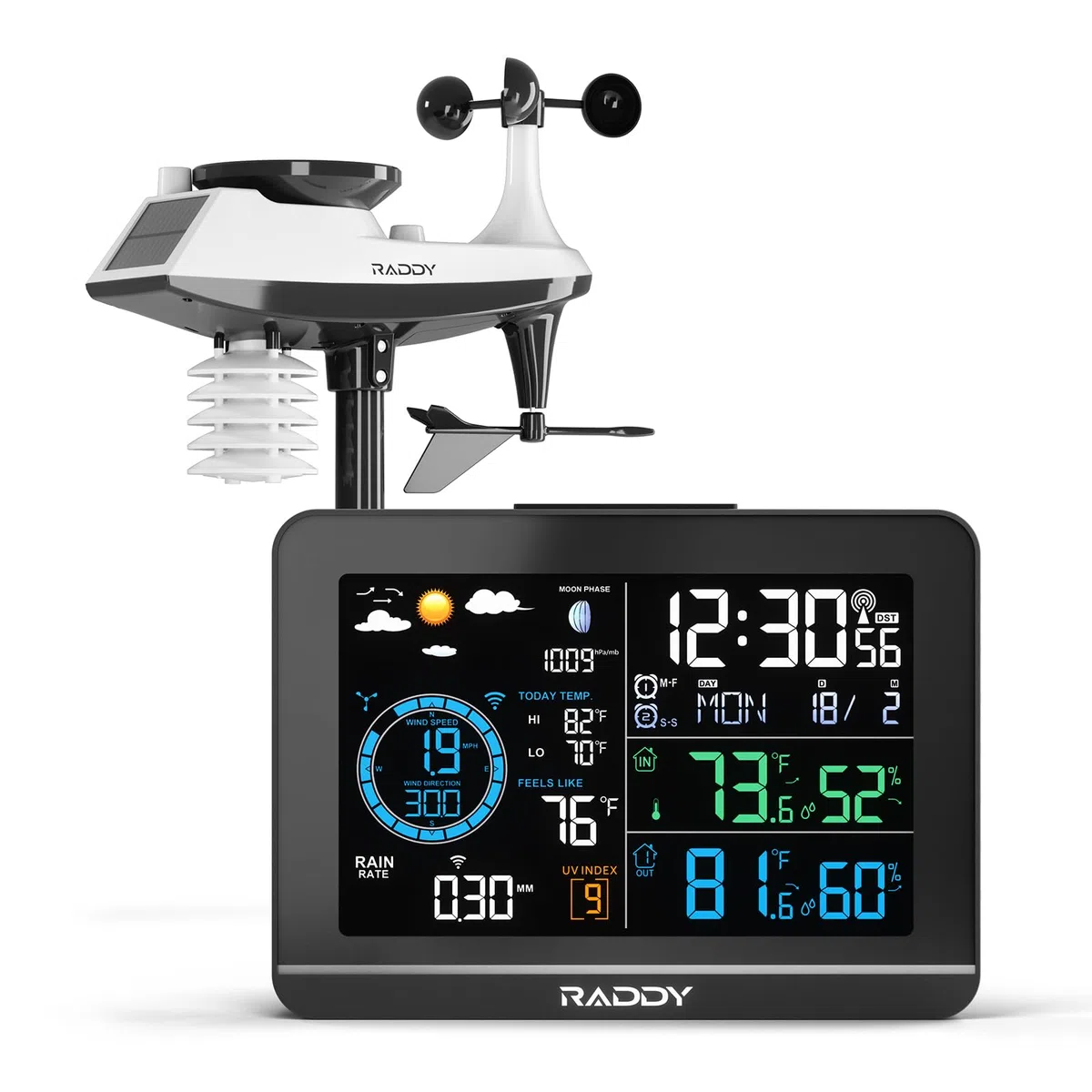 Raddy UV-6 Estación Meteorológica Profesional con Pantalla VA de 6" y Sensor Exterior, Termohigrómetro Inalámbrico Interior/Exterior, Reloj Atómico, Índice UV y Luz, Anemómetro, Pluviómetro