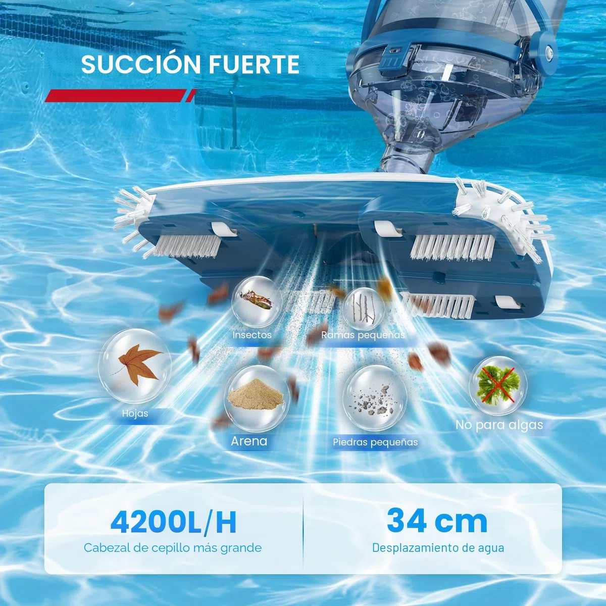 Enhulk Aspiradora de Piscinas a batería, Cabezal Mejorado de 34 cm, Tiempo de Funcionamiento de hasta 60 Minutos, Limpiador de Piscinas con 3 filtros y pértiga telescópica, succión de hasta 4200 l/h