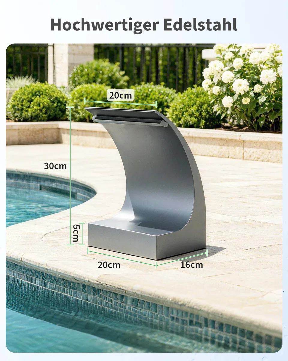 POPOSOAP Cascada de Estanque de 20 cm, Desagüe de Acero Inoxidable con Bomba 4500 L/h, Luces LED RGB Cambio de Color con Mando, Fuente Exterior para Jardín