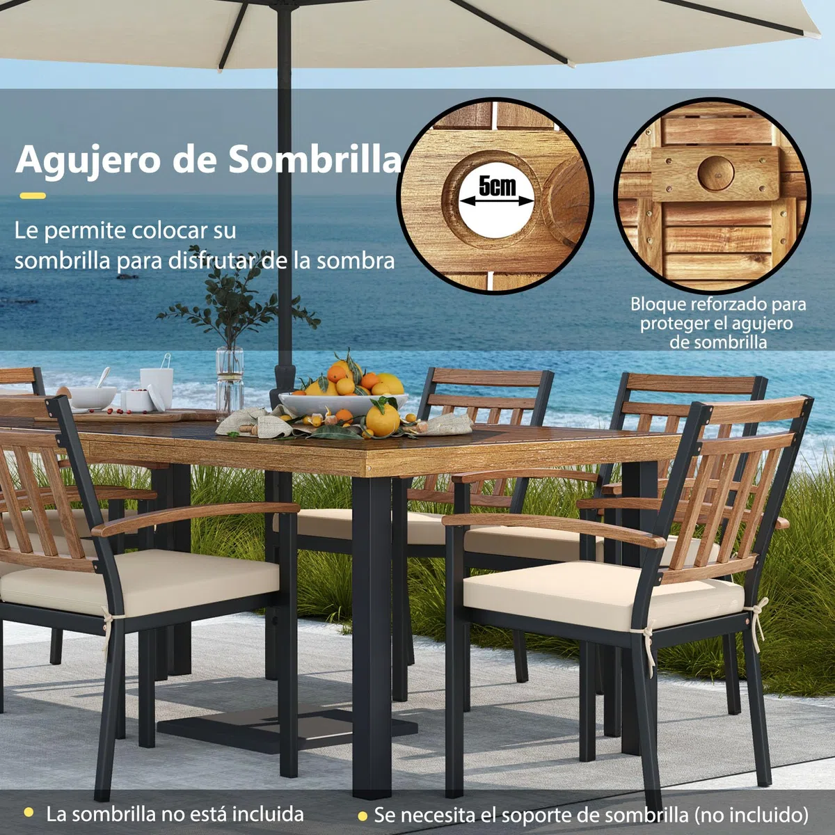 COSTWAY Mesa Jardin Exterior de Madera Acacia, 200 x 100 cm, Mesa Comedor Exterior para 8 Personas, Orificio para Sombrilla, Mesa Rectangular Terraza Balcon Jardin, Natural y Negro