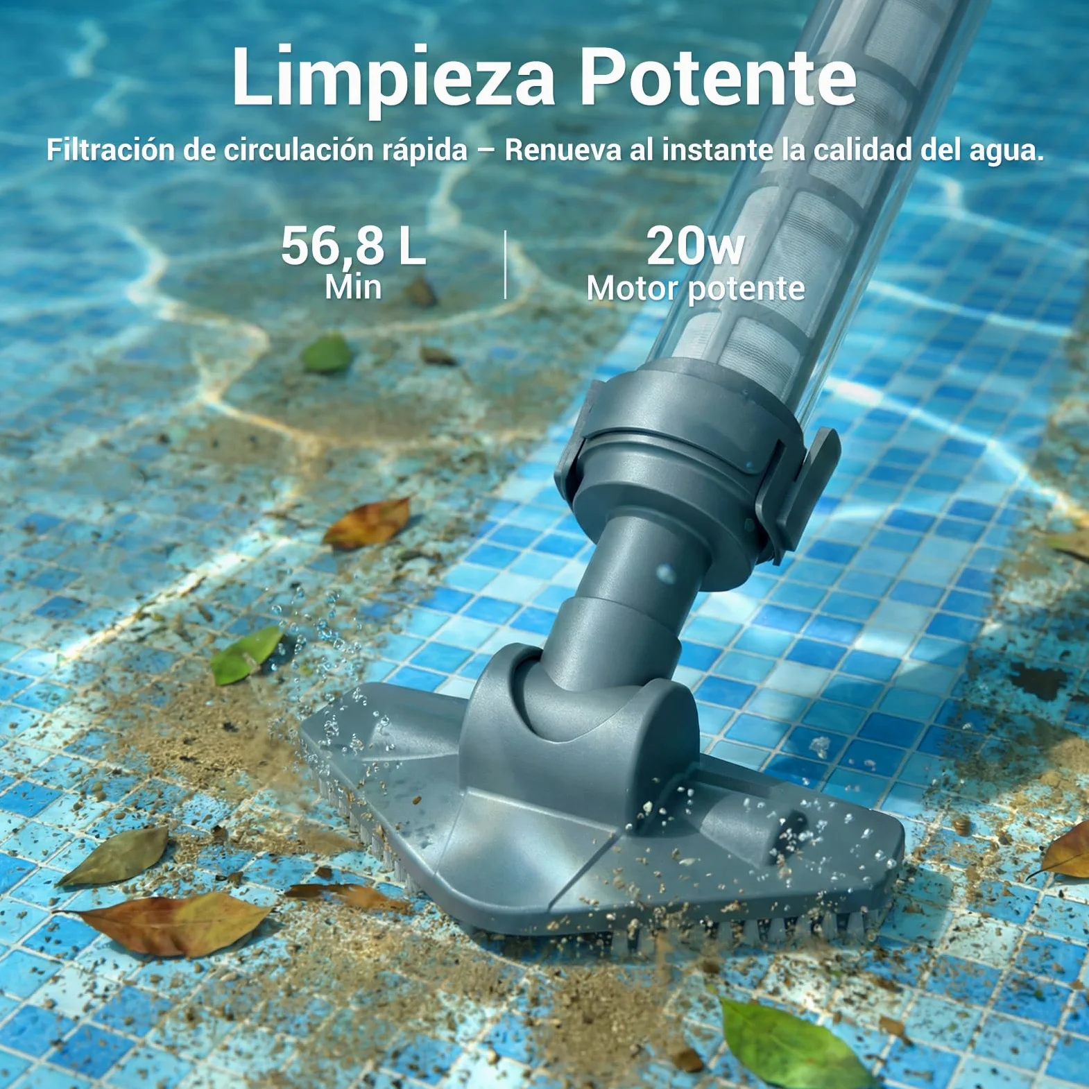 Aspirador de Piscina Inalámbrico 2 en 1, Limpiafondos Piscina Recargable con 60 Min de Autonomía, Succión de 32 L/min, Ideal para Piscinas Desmontables, Piscinas Elevadas, SPA e Hidromasaje