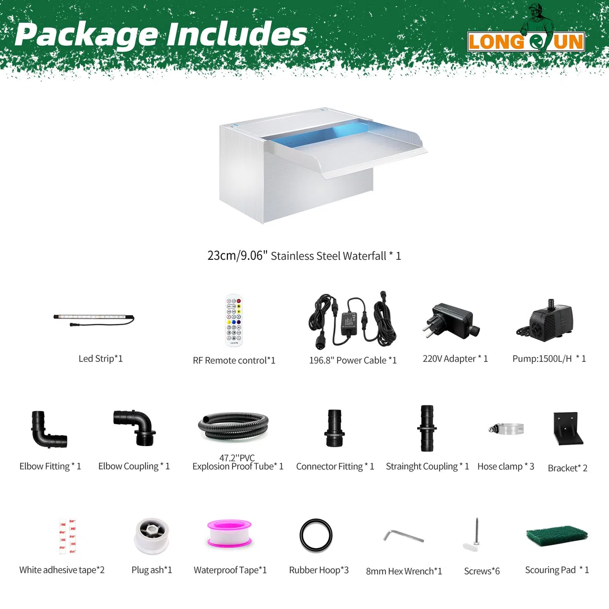 LONGRUN Kit de Cascada de Piscina de Acero Inoxidable de 23 cm, con luz LED RGB Bluetooth y Bomba de Agua de 1500 L