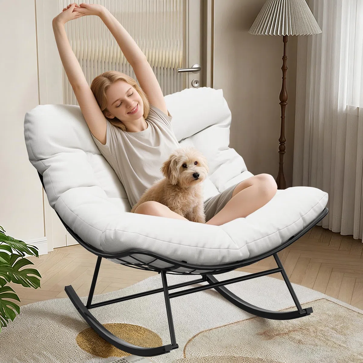GarveeHome Mecedora de Gran tamaño, con cojín Grueso y Marco de Metal, sillón Relax para Piscina, jardín y Patio Trasero, Capacidad de Carga