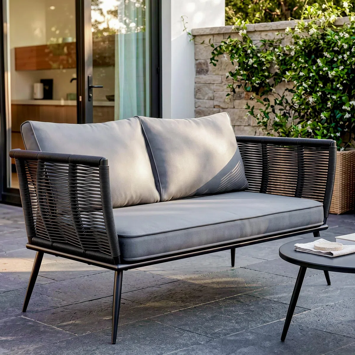 LIFERUN Sofá de ratán de 2 plazas, muebles de balcón, color negro, sofá, pequeño balcón, jardín de invierno, terraza, muebles de exterior e interior, banco de jardín resistente a la intemperie, banco