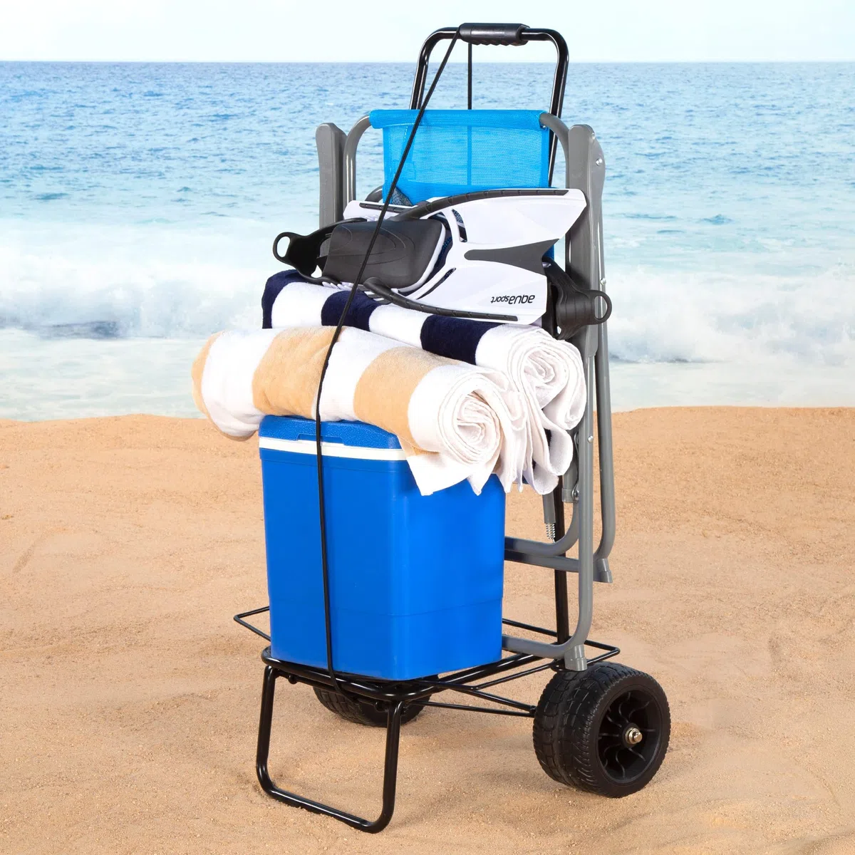 AKTIVE Carro para Playa, 49 x 40 x 100 cm, Ruedas Todoterreno Ø17, Estructura Acero, Manillar ergonómico, Cordón elástico de Agarre, Peso máximo soportado 80 kg, Carrito Transporte Plegable (62377)