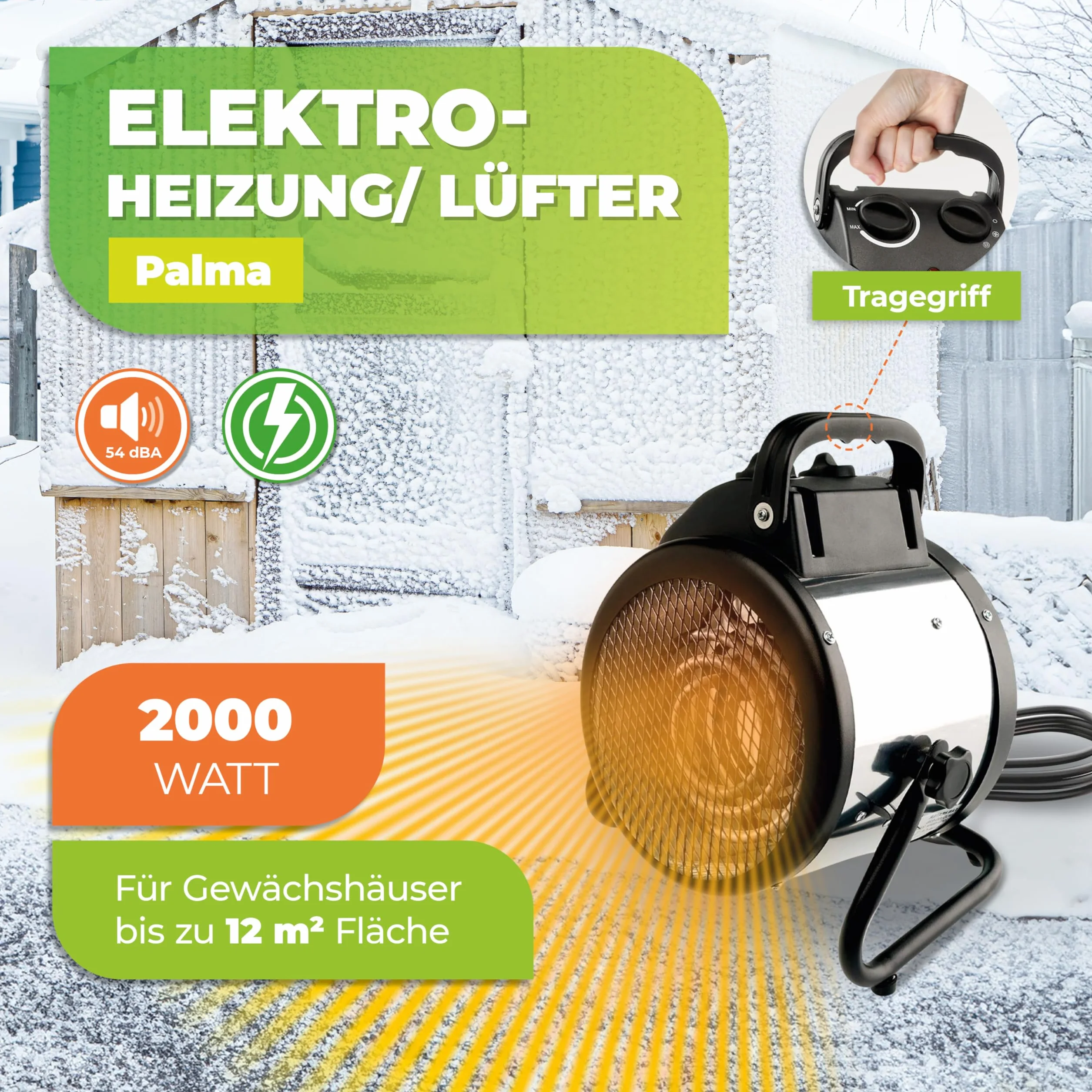 Bio Green Calefactor de Ventilador eléctrico Palma Manual, Plata/Negro, 2000W