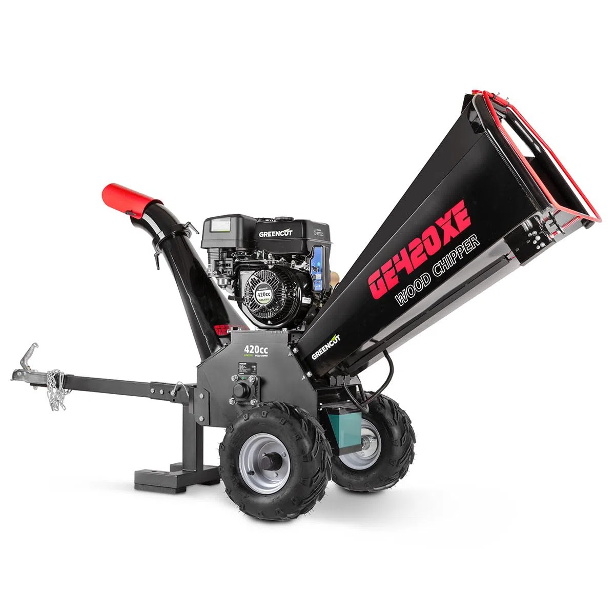 GREENCUT GE420XE - Biotrituradora - Potente motor de gasolina de 15 CV y 420cc, Diámetro corte de hasta 120mm, Arranque eléctrico, Cuchillas reversibles dobles, Tolva gran tamaño, Enganche transporte