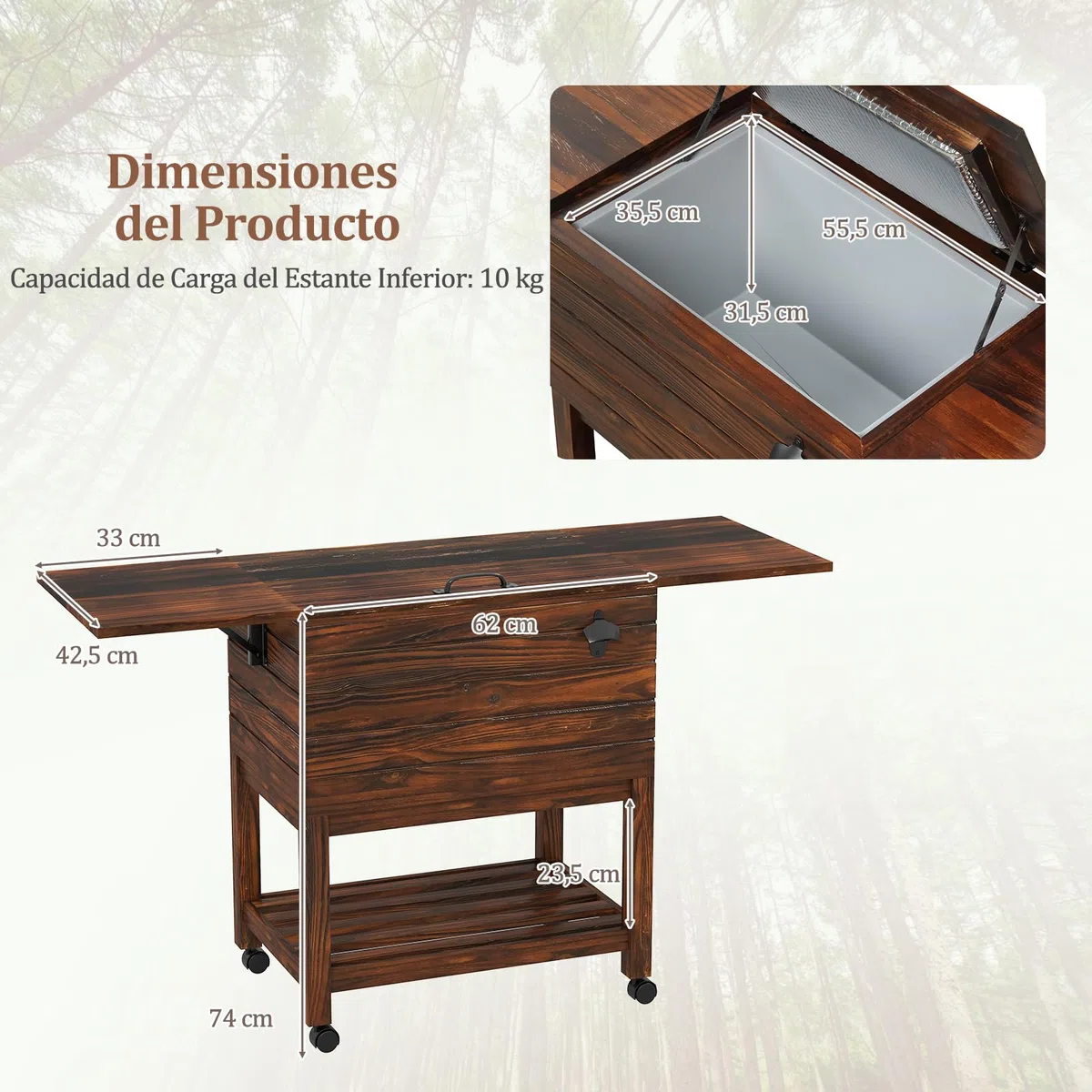 GOPLUS Nevera de 50 L Portatil con Ruedas, Mesa Nevera Jardin Exterior, Estante Inferior y Abrebotellas para Exteriores, Carro Enfriador Móvil para Jardin, Piscina y Barbacoa