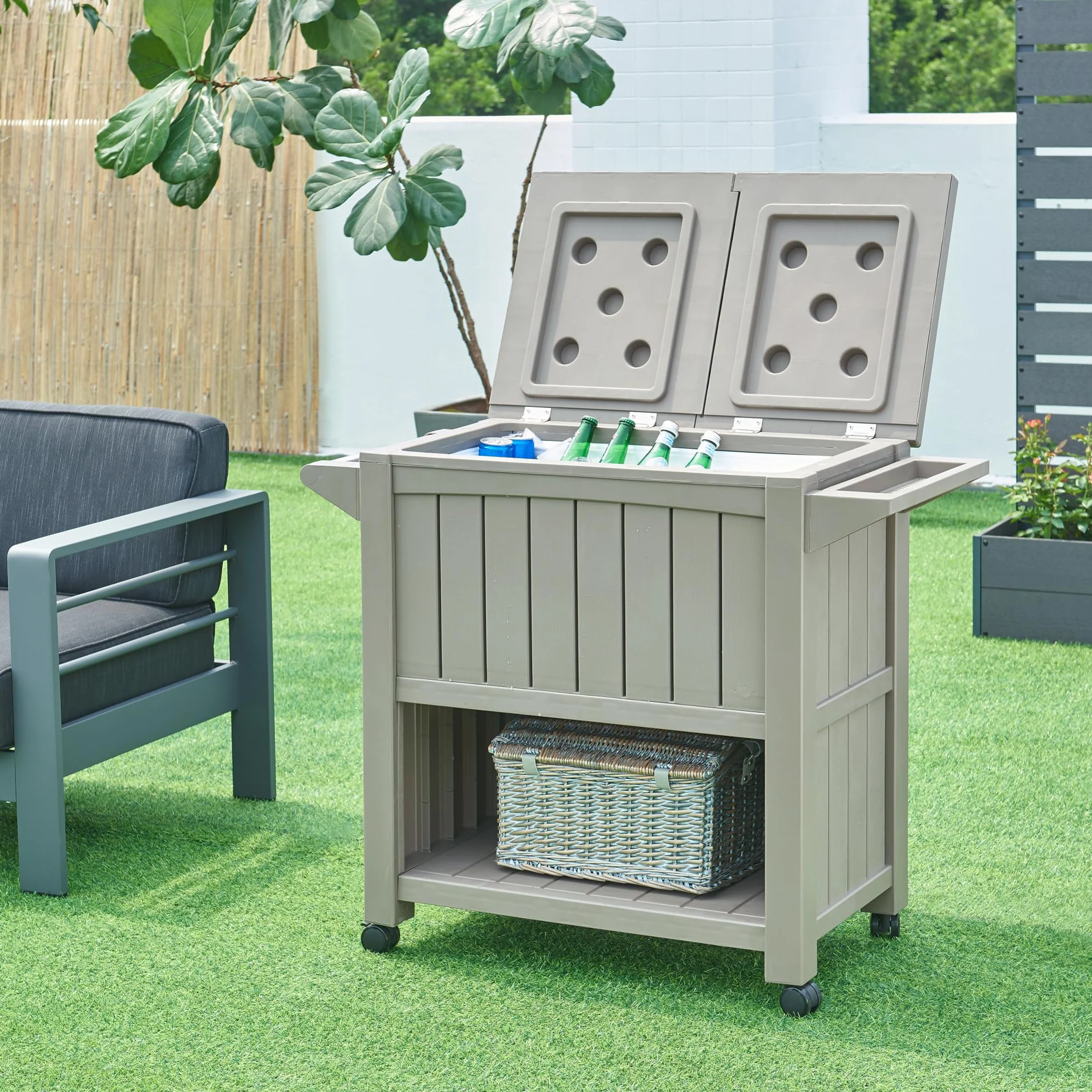 casa.pro Carrito Nevera Arsita para Bebidas Carro de Servicio Multiusos con Bolsa de Nevera Carro Auxiliar para Jardín Balcón Barbacoa PVC Plástico 102 x 47 x 87 cm - Beige