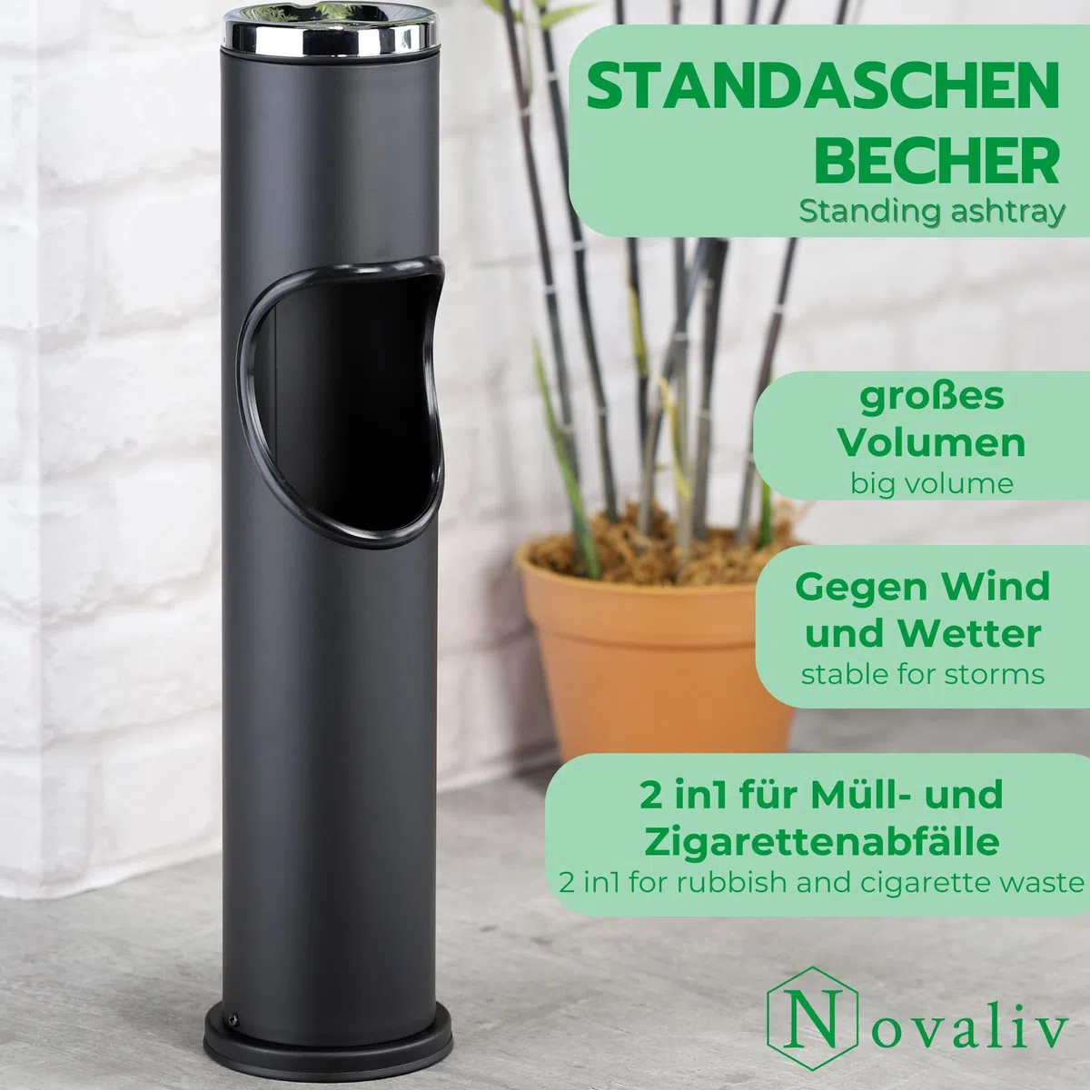 Novaliv 2 ceniceros de pie para exteriores, color negro, 46,5 cm de alto, 9,5 cm de diámetro, 2 en 1 para residuos de basura y cigarrillos, para exteriores, cubo de basura con cenicero, soporte para