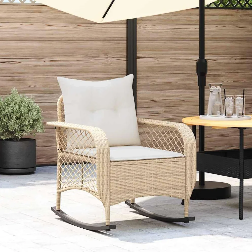 Silla mecedora de jardín beige, ratán sintético, acero, 67x75x75 cm, resistente a UVA, capacidad 110 kg
