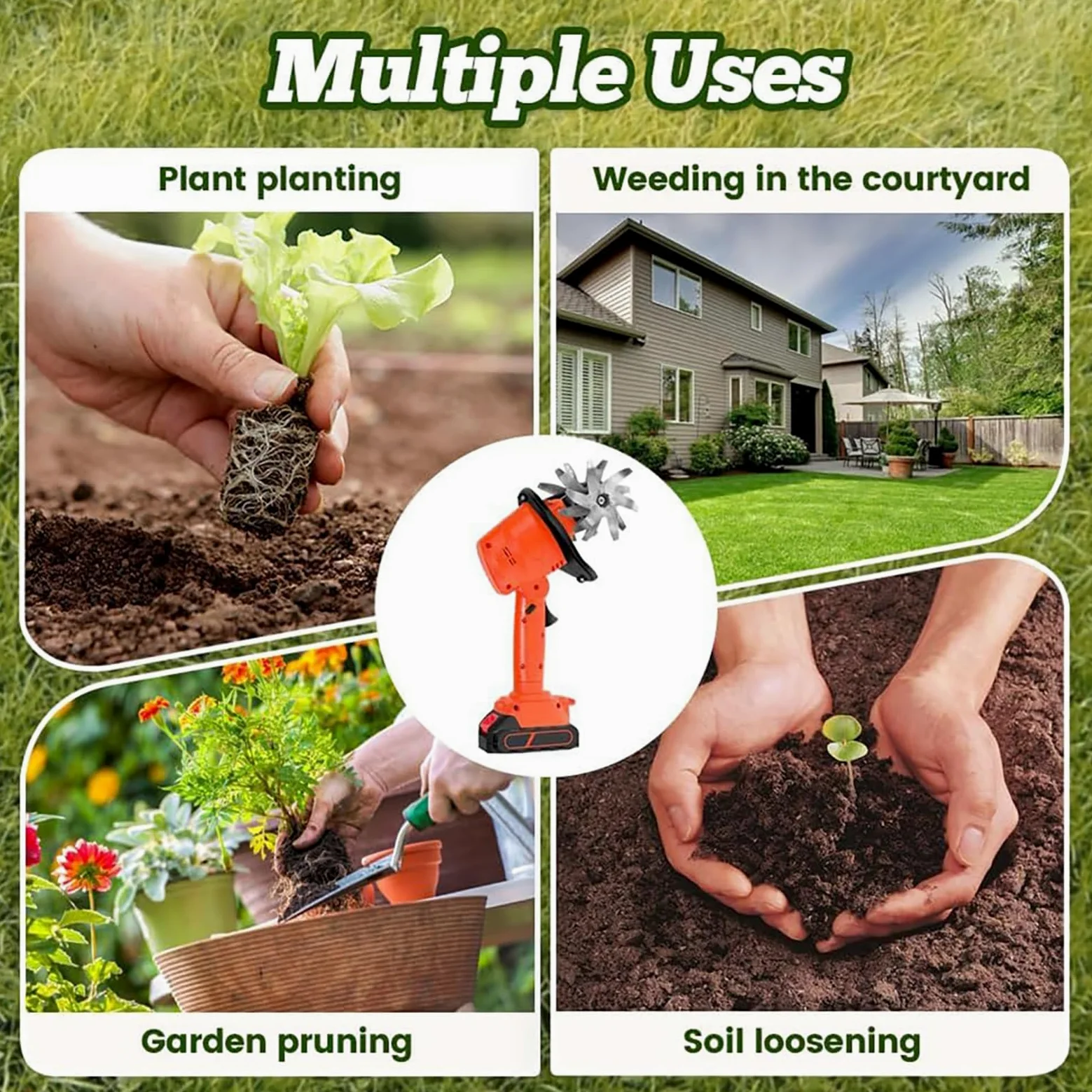 Rotocultivador eléctrico de jardín, minicultivador inalámbrico de 21 V, cultivador de Tierra portátil, 235 RPM con 4 Filas de púas, Cargador de 2 baterías de 1,5 Ah, Ancho de labranza de 10 cm