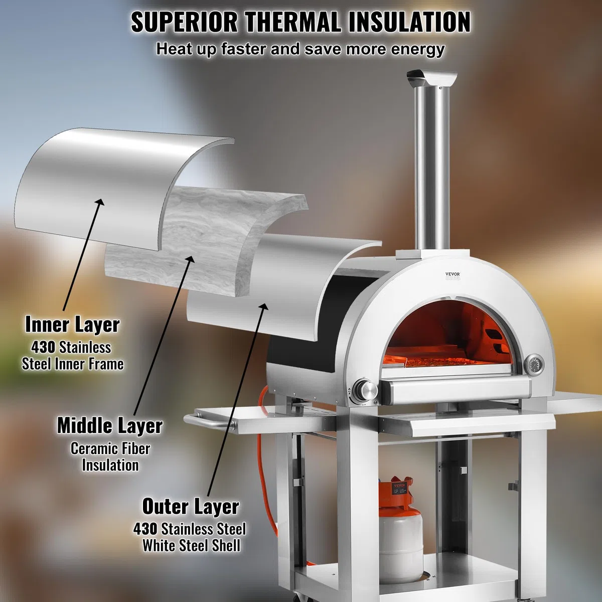 VEVOR Horno de Pizza de Combustible Dual para Uso al Aire Libre, Horno de Pizza para Exteriores Alimentado con Pellets y Gas con Piedra de Pizza de Cordierita Espesa, 1520 x 915 x 1830 mm, Plata