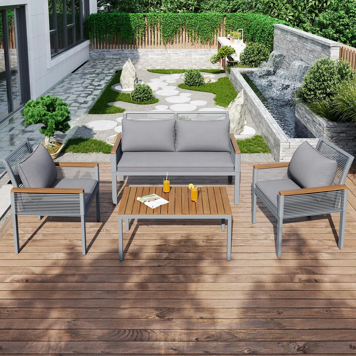 Conjunto jardín Exterior de ratán, Mueble de Jardín 4 Piezas, Conjunto Terraza de Muebles de balcón Lounge para 4 Personas, Exterior Muebles de Patio con sofá Doble, 2 sillones y Mesa (Gris)