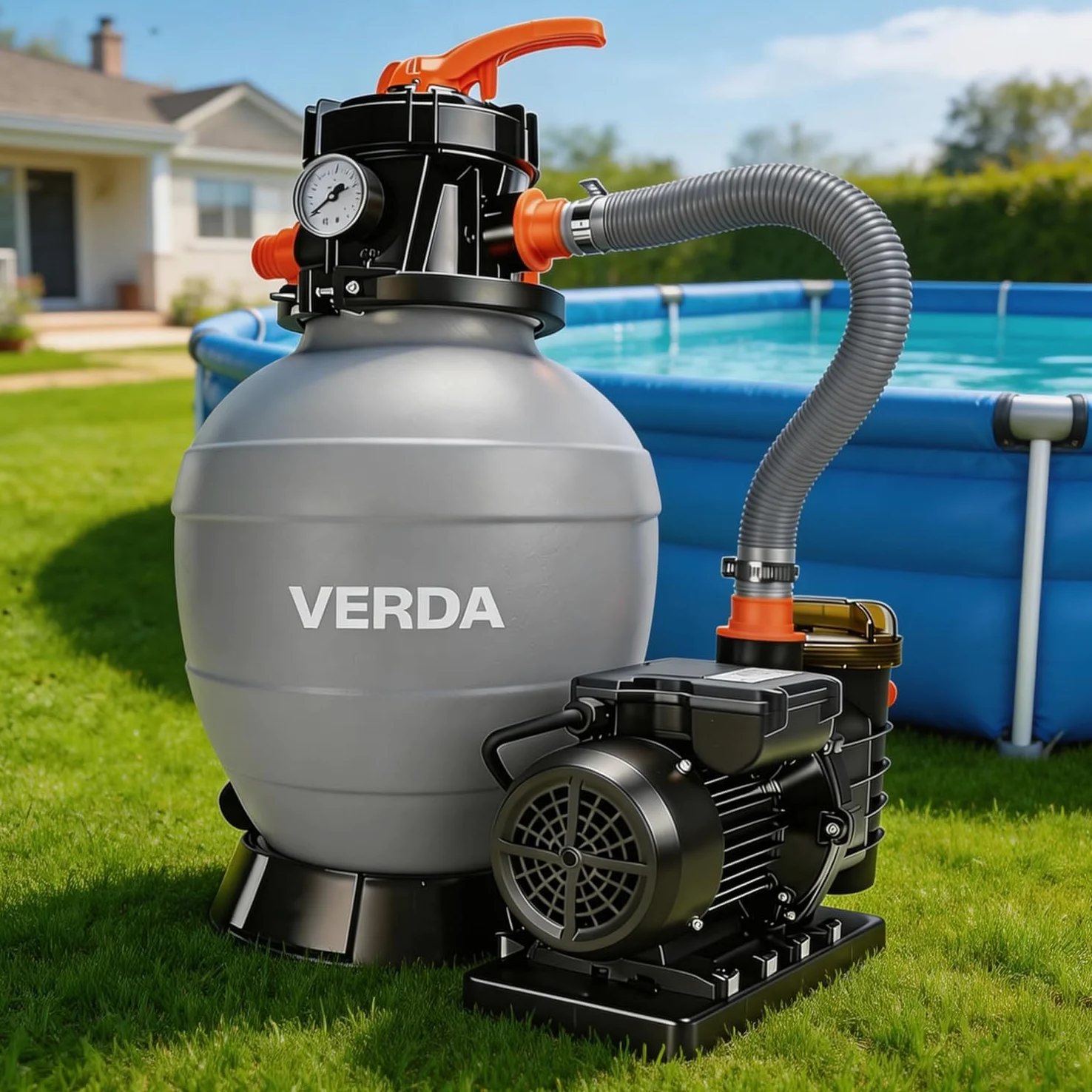 VERDA Depuradora de arena para piscinas de hasta 50.000 l, 13.200 l/h, 550 W, bomba con filtro de arena y 1000 g de bolas filtrantes, altura de elevación de 10 m, conexión de 38 mm, SN5883